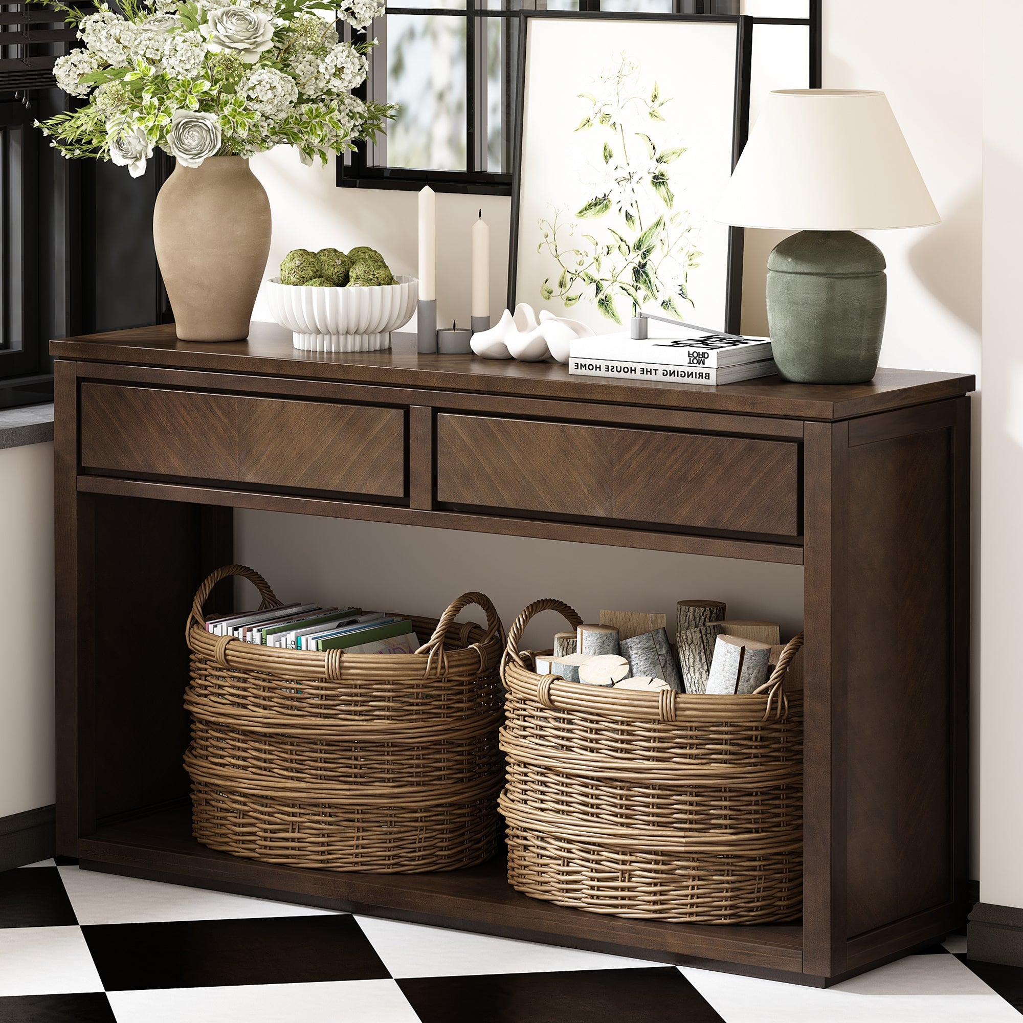 TREXM 55' Console Table, Rustic Wooden Entryway Table with Storage Drawers and Open Shelf, Elegant Sofa Table for Hallway and Living Room (Brown)