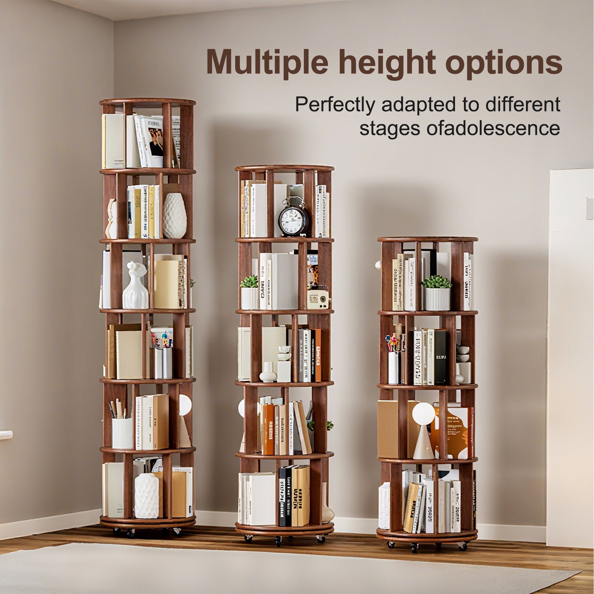 100%Solid Wood Rotating Bookshelf on Wheels, 6 Tier, Round Revolving Bookcase, 360° Spinning Book Shelf Tower for Kids, Narrow Rolling Bookshelves for Small Space, Corner, Bedroom, Office, Walnut