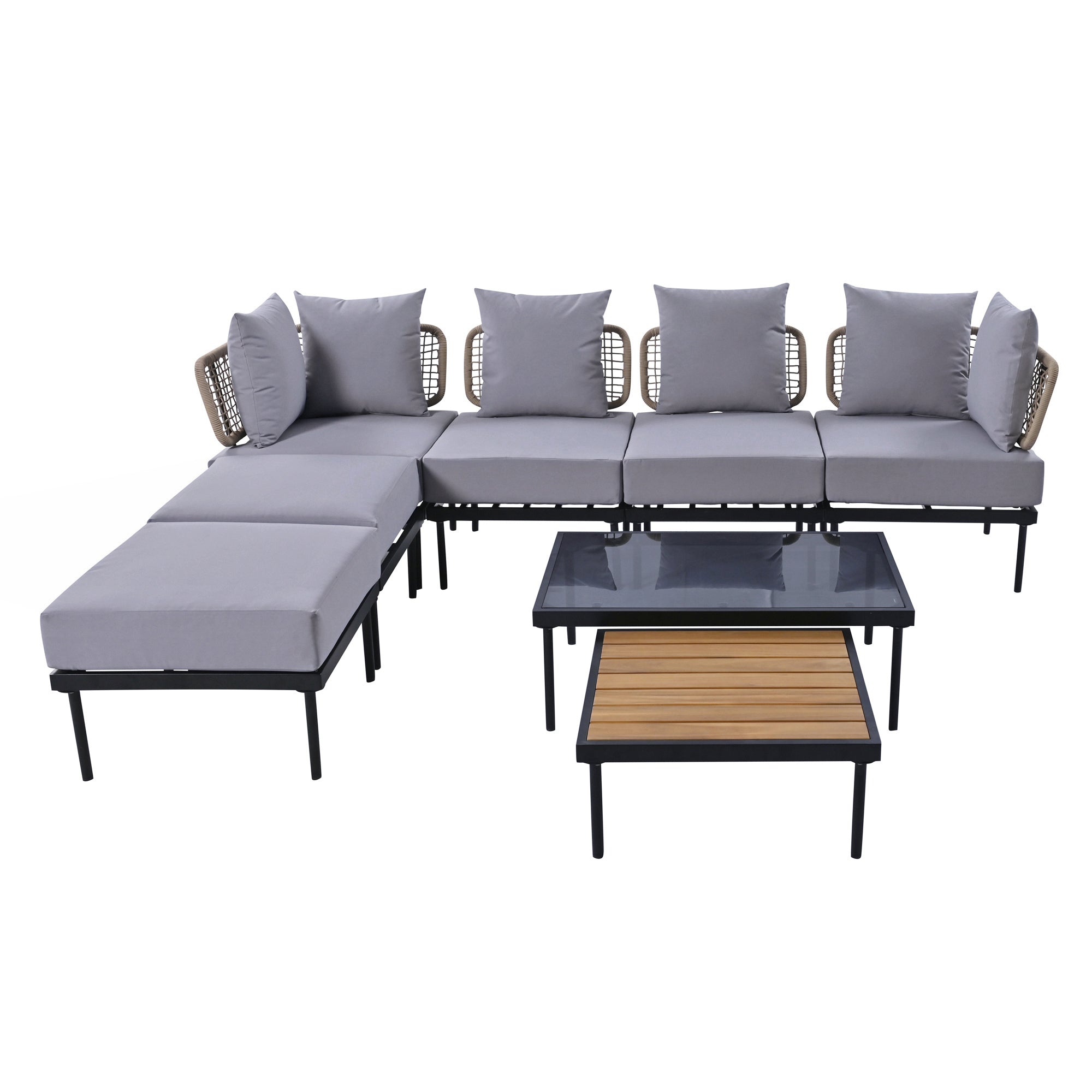 TREXM 8-Piece Patio Sectional Sofa Set with Tempered Glass Coffee Table and Wooden Coffee Table for Outdoor Oasis, Garden, Patio and Poolside (Light Grey Cushion + Black Steel)