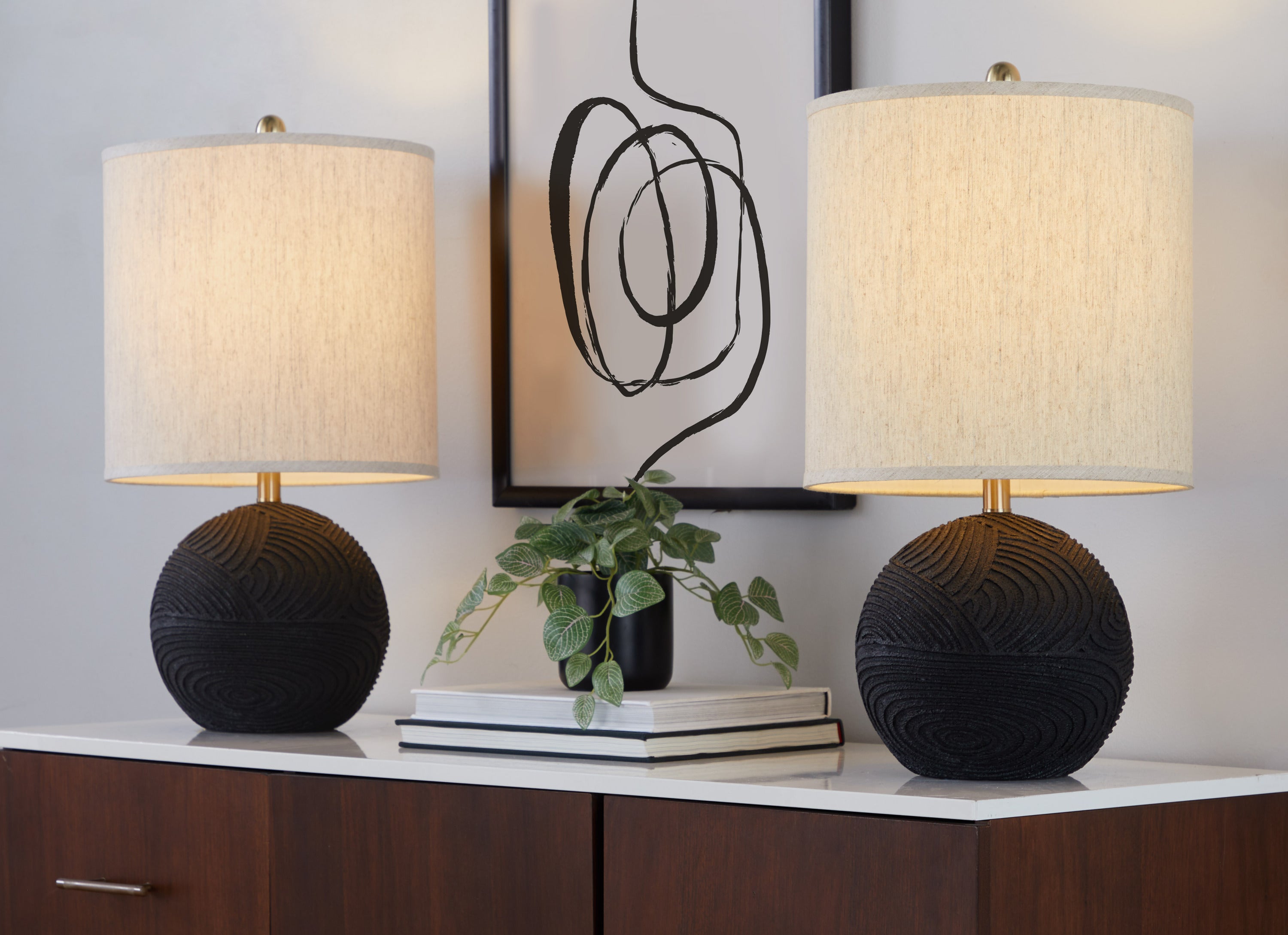 Kona 23' Contemporary Polyresin Table Lamp in Matte Black Polyresin, Modern Brass and Natural Linen Shade from Grandview Gallery by LumiSource - Set of 2