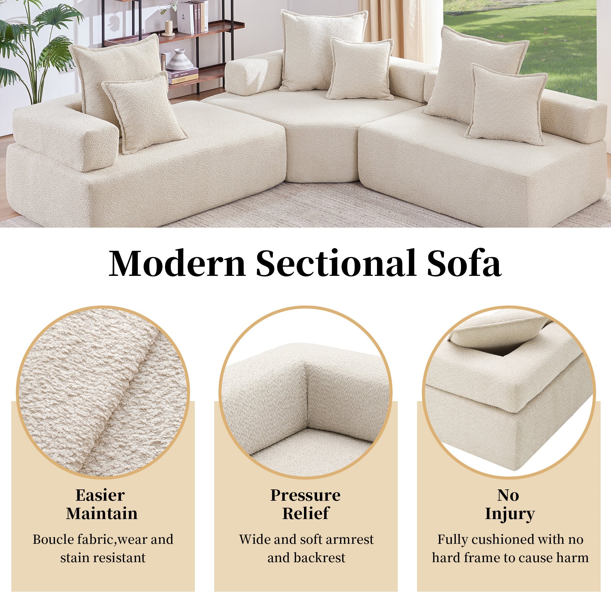 Oversized Modular L Shaped Sectional Sofa,Luxury Boucle Floor Couch Set,Convertible Compressed Couch,Spacious Foam-Filled Sofa for Living Room,3 PC Free Combination,2 Colors