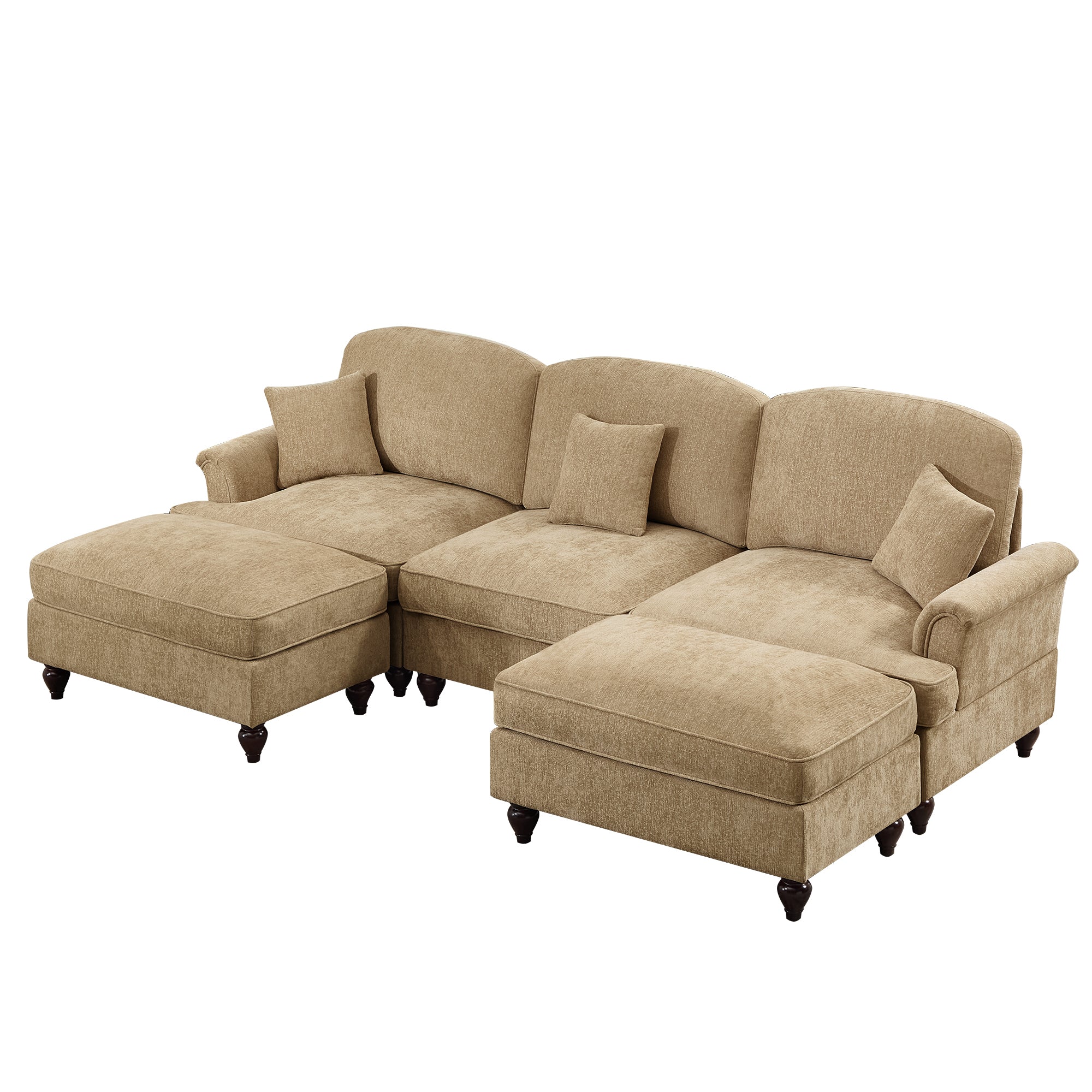 Mid Century Three Seater Modular L Shaped Sectional Couch with Flared Arms and Removable Ruffles Pleats Skirts and Spindle Legs, Comfy Chenille 3-Seat Deep Seat Sofa with Movable Ottoman,Light Coffee