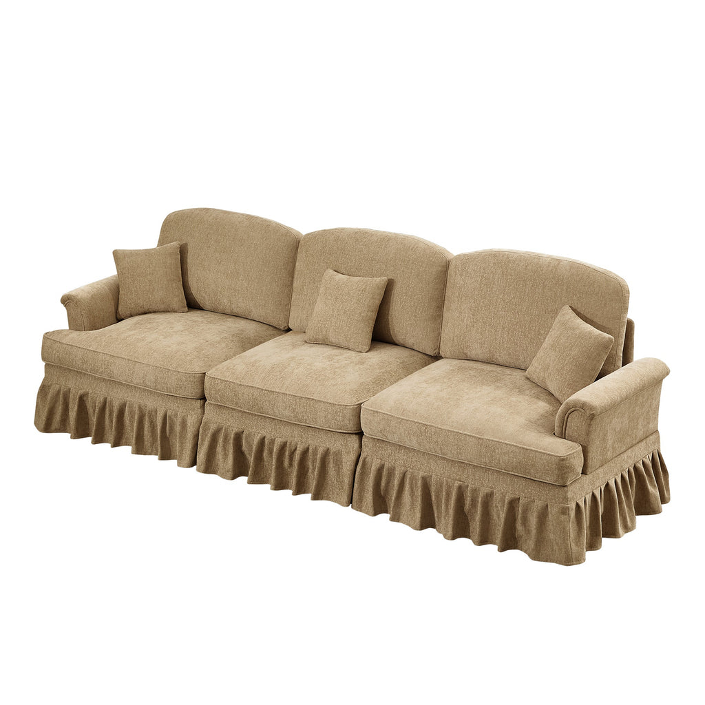 Elegant Mid Century Large 3 Seater Sofa Couch with Flared Arms and Removable Ruffles Pleats Skirts and Spindle Legs, Comfy Chenille Three-Seat Sofa for Living Room, Light Coffee