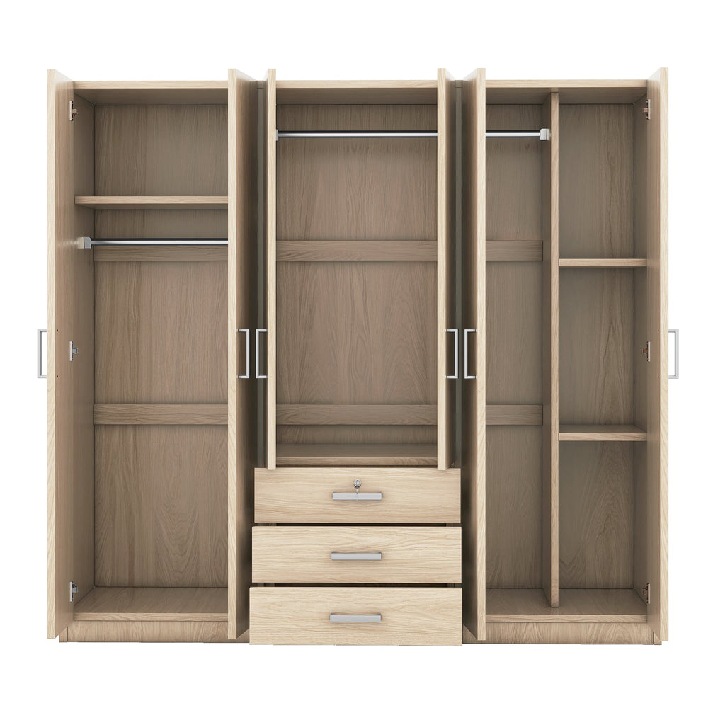 6-Doors Wooden Wardrobe Storage for Bedroom, with Big Drawers, Gray