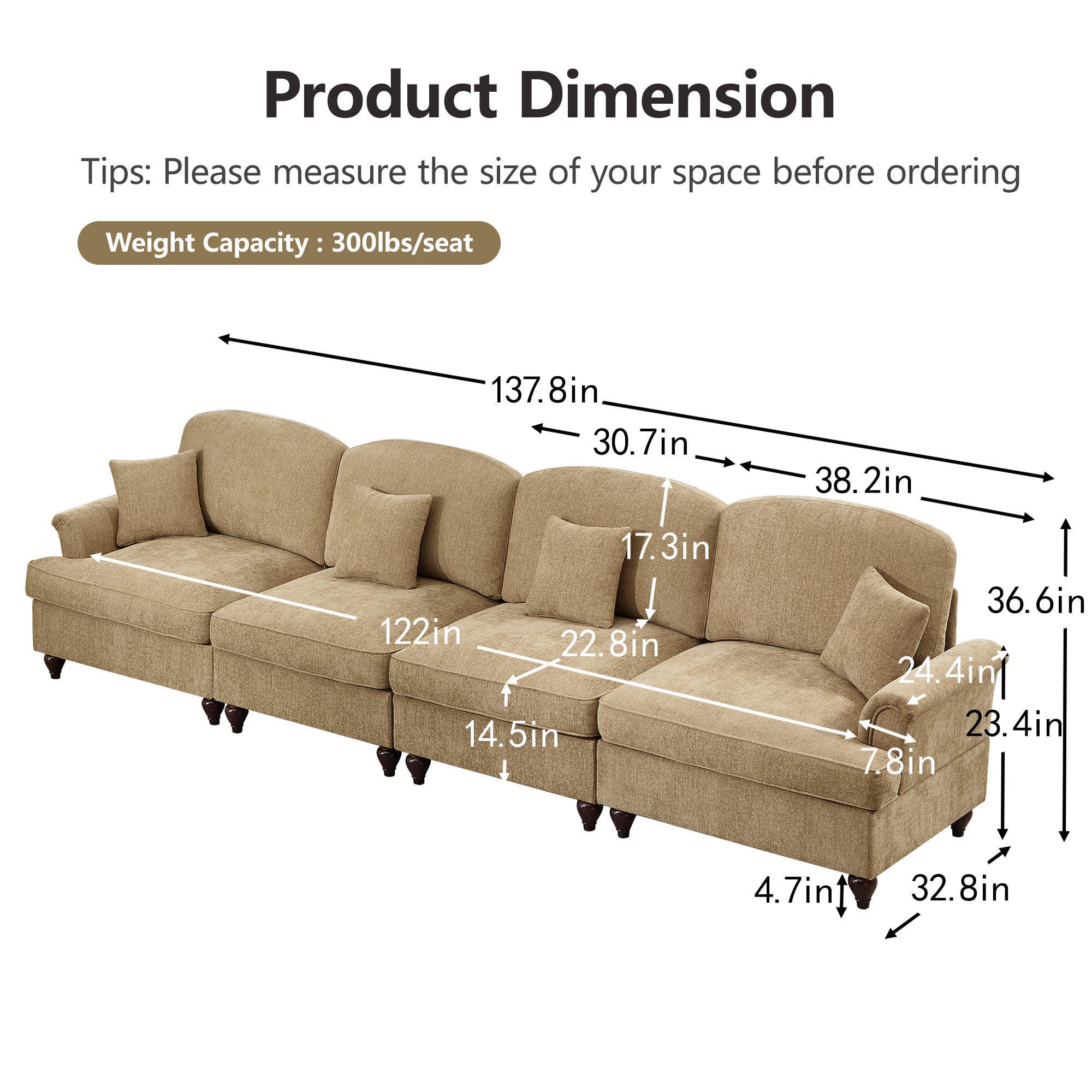 Elegant Mid Century Large 4 Seater Sofa Couch with Flared Arms and Removable Ruffles Pleats Skirts and Spindle Legs, Comfy Chenille Four-Seat Sofa for Living Room, Light Coffee
