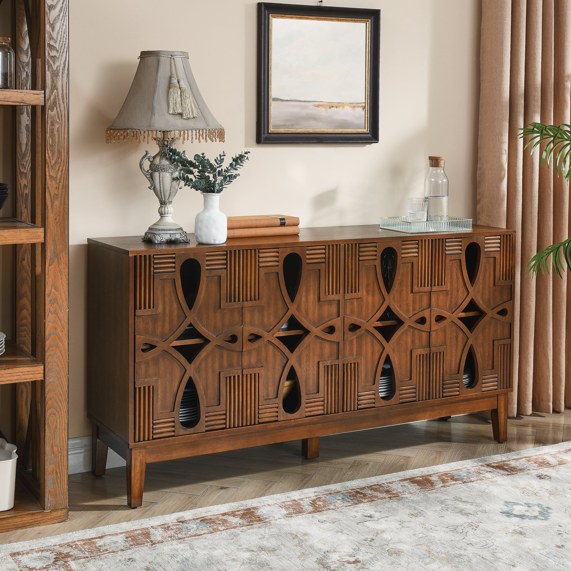 60.5' Mid Century Modern Sideboard Buffet Cabinet with Storage, TV Media Console Table, Storage Cabinet with 4 Doors & Adjustable Shelves for Kitchen Dining Living Room Entryway, Walnut