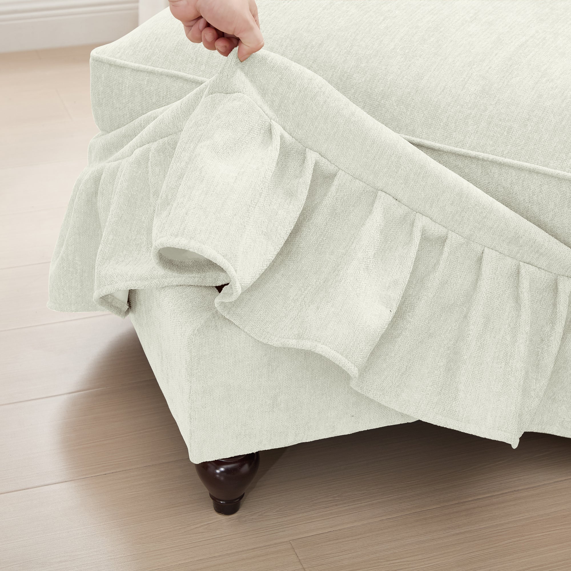 Mid Century Three Seater Modular L Shaped Sectional Couch with Flared Arms and Removable Ruffles Pleats Skirts and Spindle Legs, Comfy Chenille 3-Seat Deep Seat Sofa with Movable Ottoman, Beige White