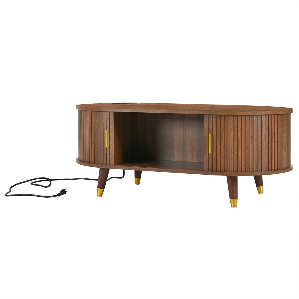 Wooden Farmhouse TV Stand & Coffee Table Set with Charging Station, Oval Fluted Media Console with Sliding Doors for TVs up to 80', Mid-Century Center Table with Solid Wood Legs for Living Room,Walnut