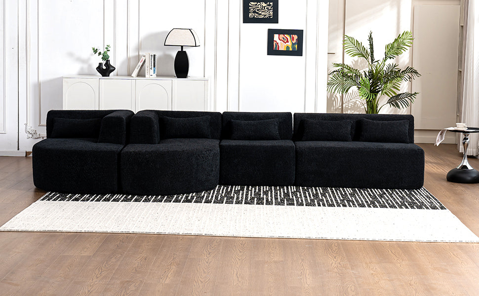 144' Upholstered Sofa Free-combined Sofa Couch with Two Chaise Lounge and Five Back Pillows for Living Room(Old SKU: N719S001600B), Black