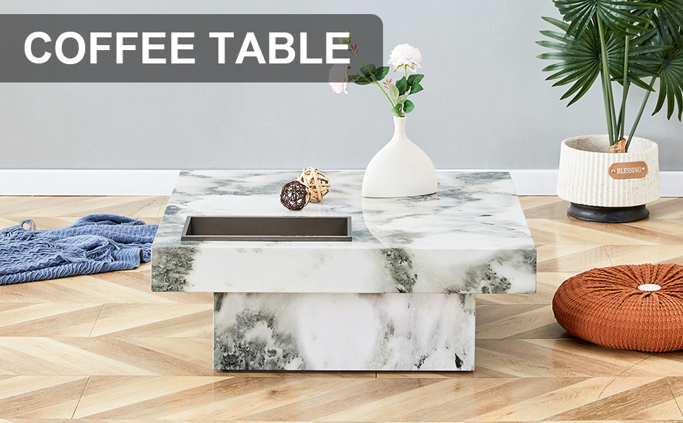A modern and practical coffee table, black and white in imitation marble pattern, made of MDF material. The fusion of elegance and natural fashion 31.4"* 31.4"* 12 "