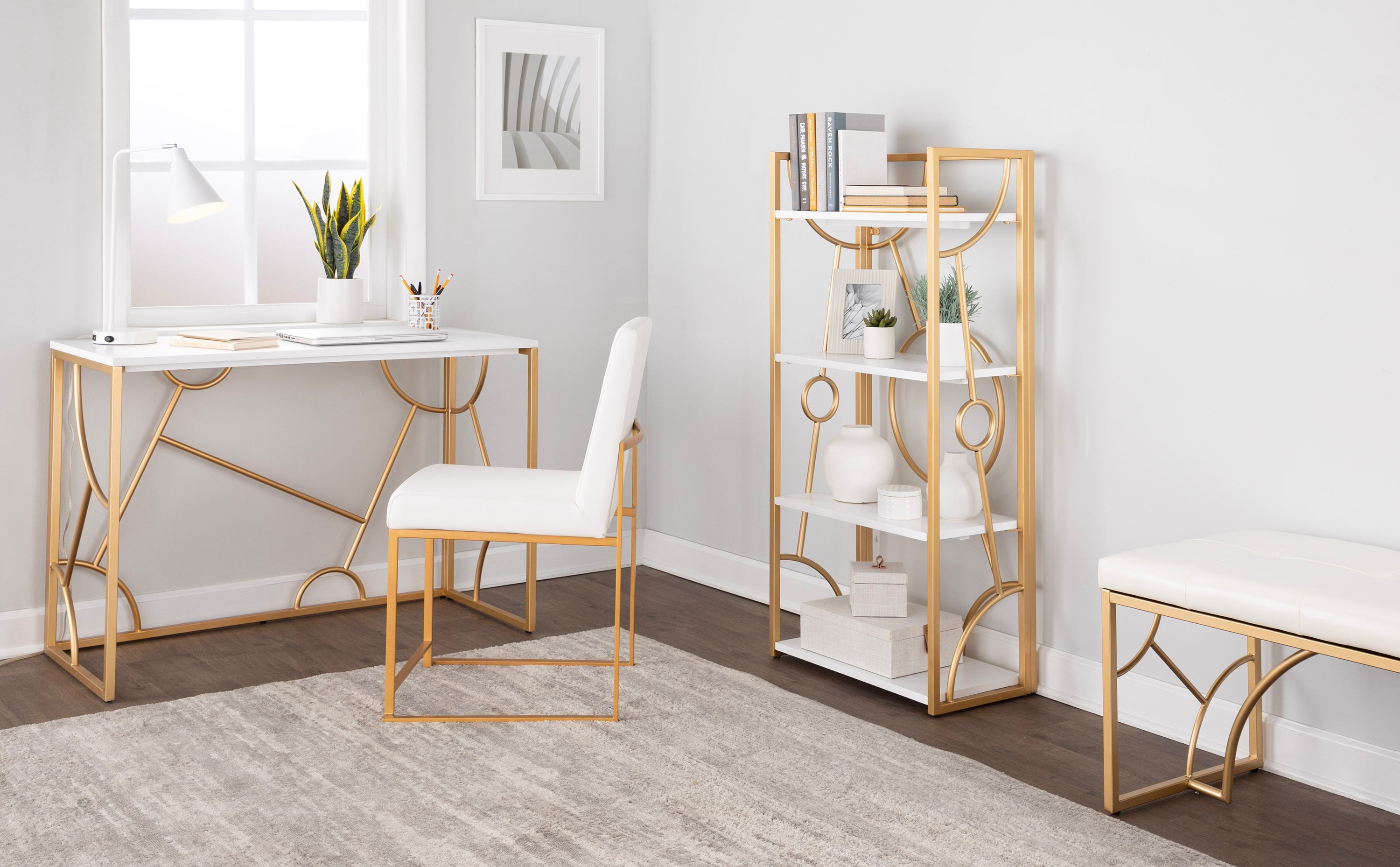 Constellation Contemporary Bookcase in Gold Metal and White Wood by LumiSource