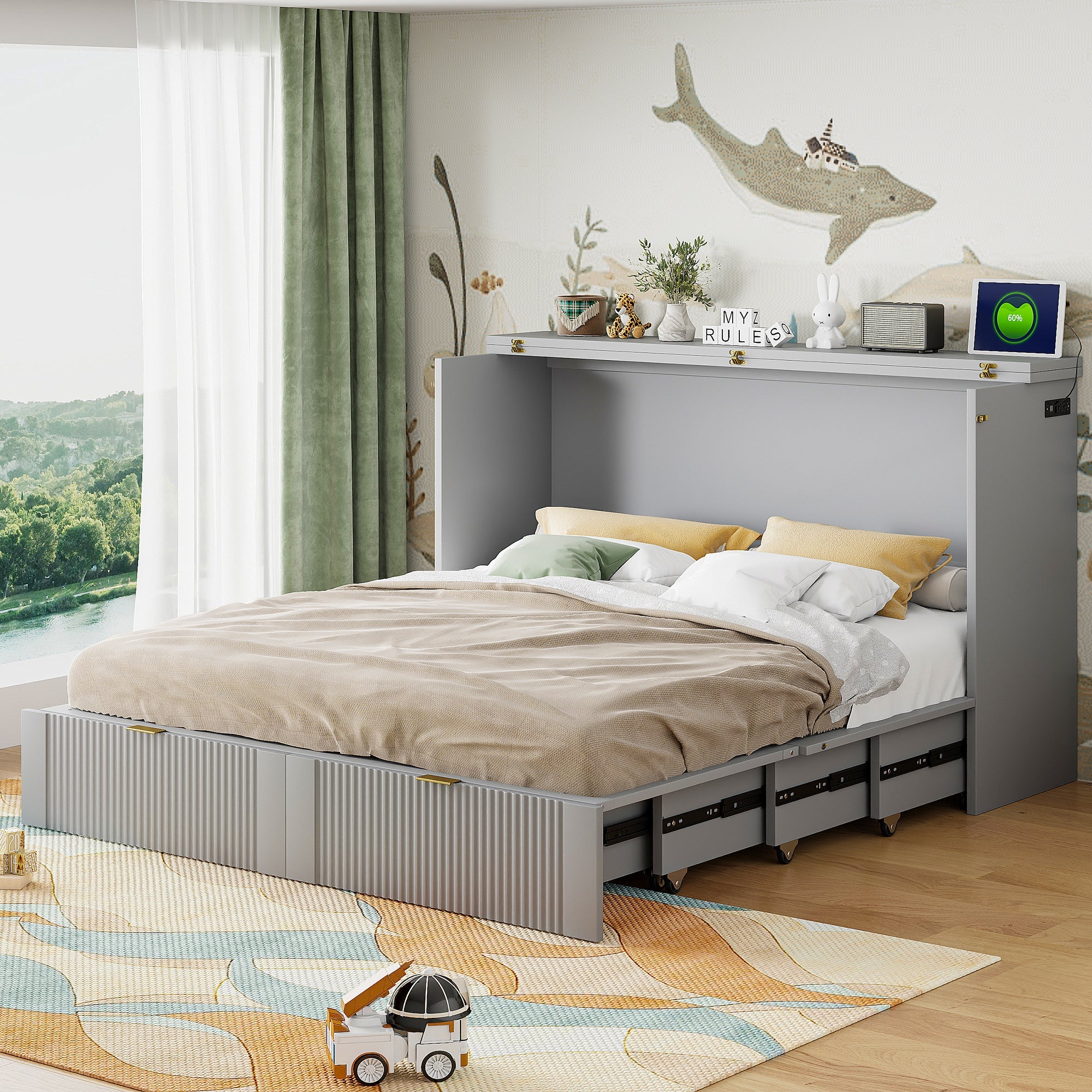 Queen Size Murphy  Bed with drawer and a set of Sockets & USB Ports, Pulley Structure Design, Gray
