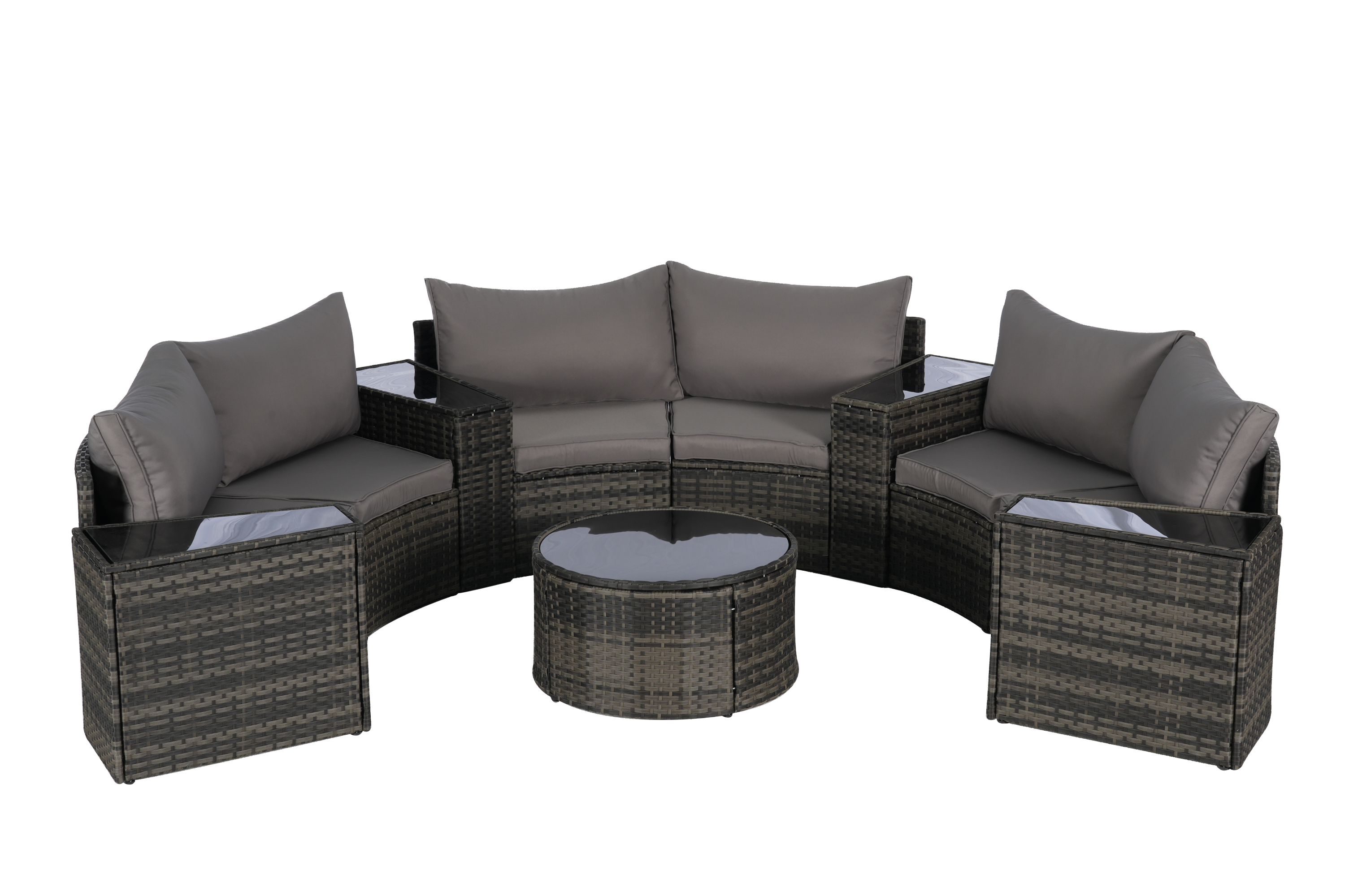 Outdoor Patio Furniture 11-Piece Half-Moon Sectional Round Patio Furniture Set Sofa with Tempered Glass Round Coffee Table