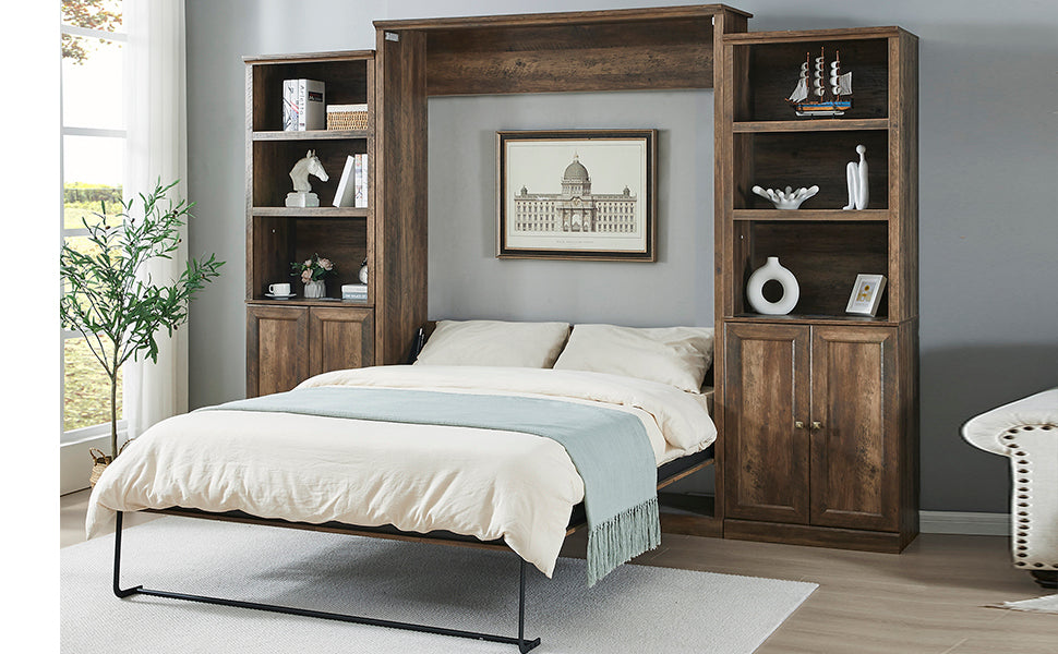 Queen Size Half Self-Close and Open Murphy Bed with 2 Side Cabinet Storage Shelf, Cabinet Space-Saving Bed Perfect for Guest Room, Bed Room, Guest Room, Home Office, Brown