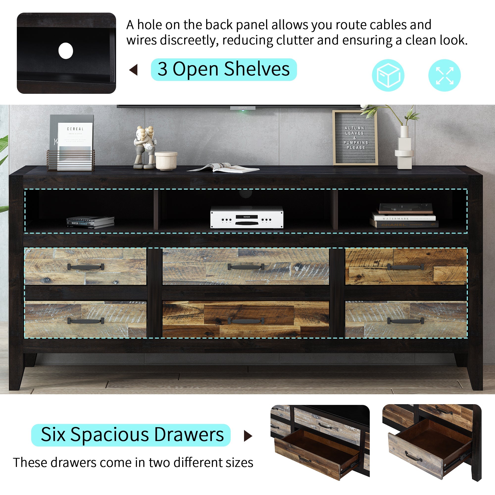 U-Can Retro Distressed Wooden TV Stand for TVs up to 65 Inches, Entertainment Center Media Console with 6 Drawers and 3 Shelves for Living room, Black