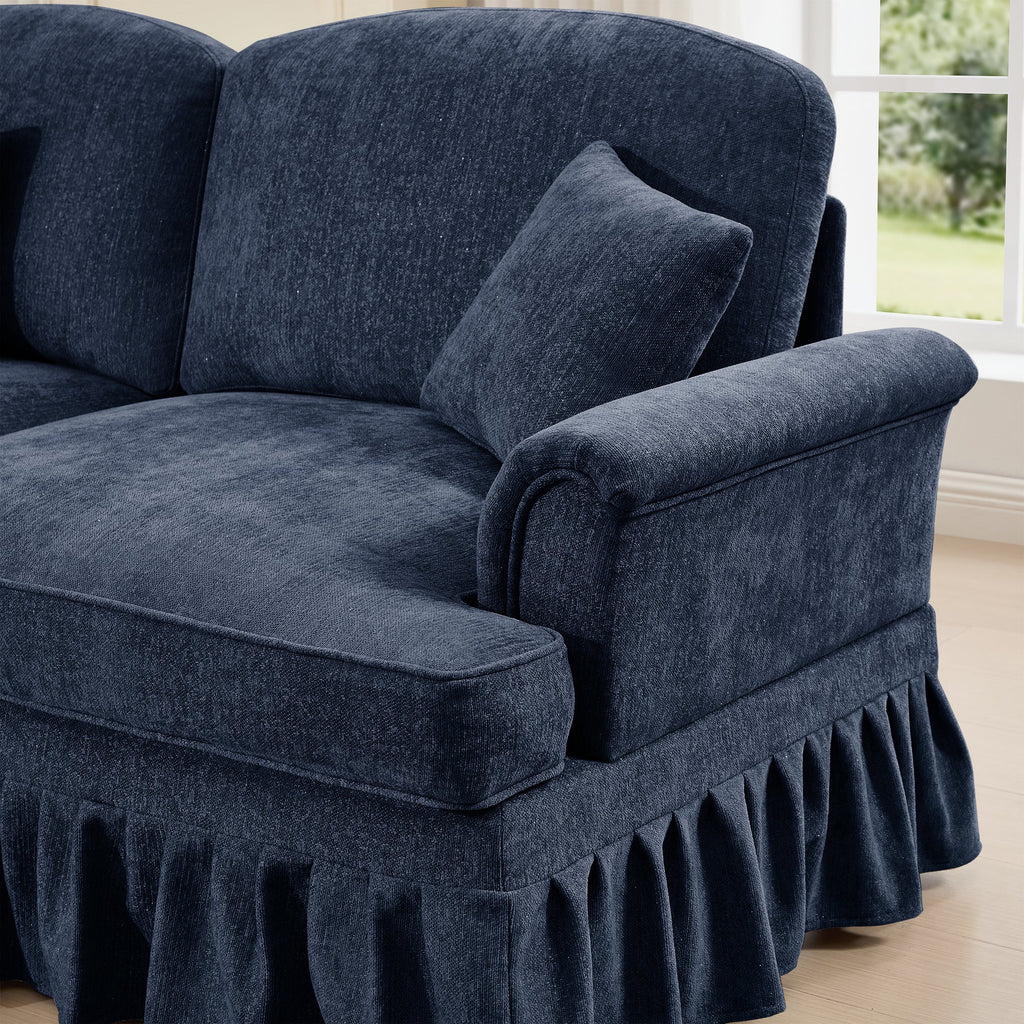 Classic U Shape 4 Seater Modular Sectional Sofa Couch with Flared Arms and Removable Ruffles Pleats Skirts and Spindle Legs, Chenille Deep Seat Cloud Sofa with Movable Ottomans, Blue