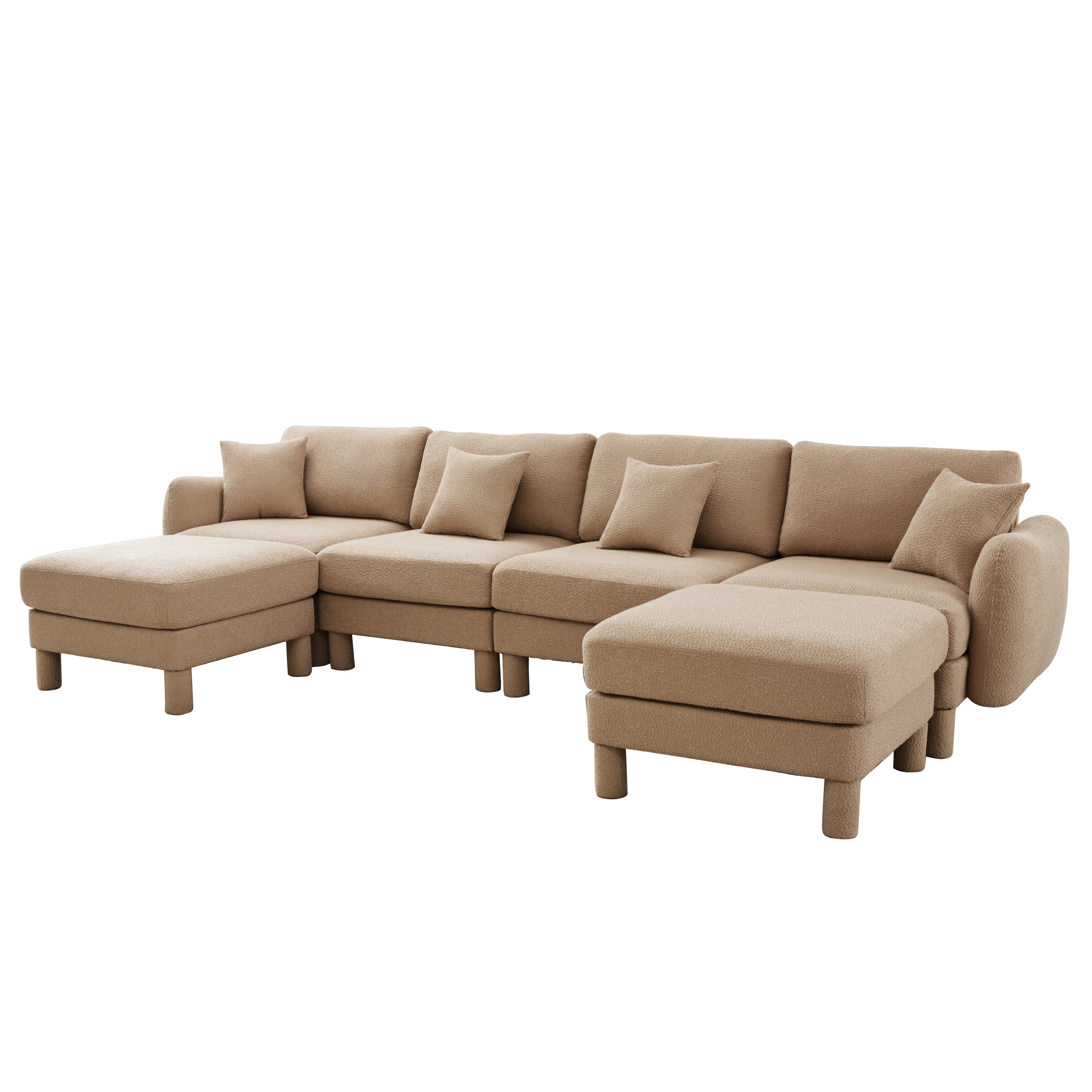 Boucle Fabric U Shape Sectional 4-seater Sofa Couch With Distinctive Shell-shaped Armrests And 2 Movable Ottomans,Cylindrical Legs Wrapped with Self-fabric,Coffee Color