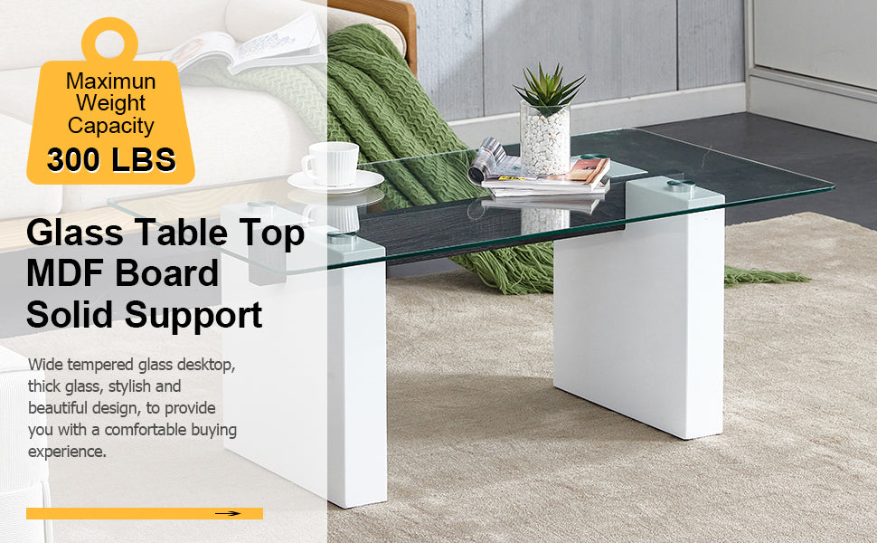 Modern minimalist transparent tempered glass coffee table , paired with white MDF decorative columns. Computer desk. Game table. CT-1546