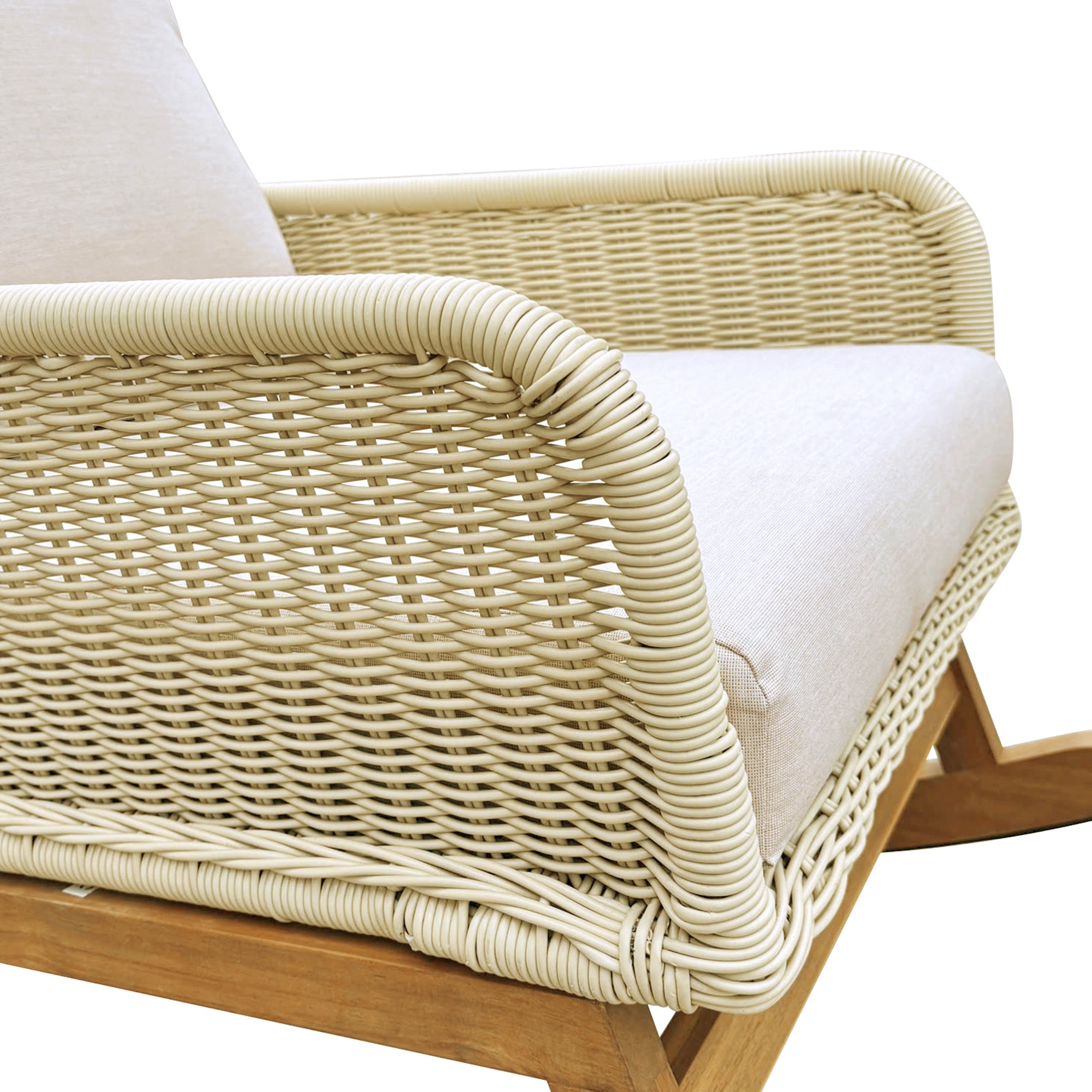 Modern 3-Piece Outdoor Seating Set with Ivory Cushioned PE Rattan Rocking Chairs and Wooden Accent Table, Perfect for Patio or Balcony Relaxation