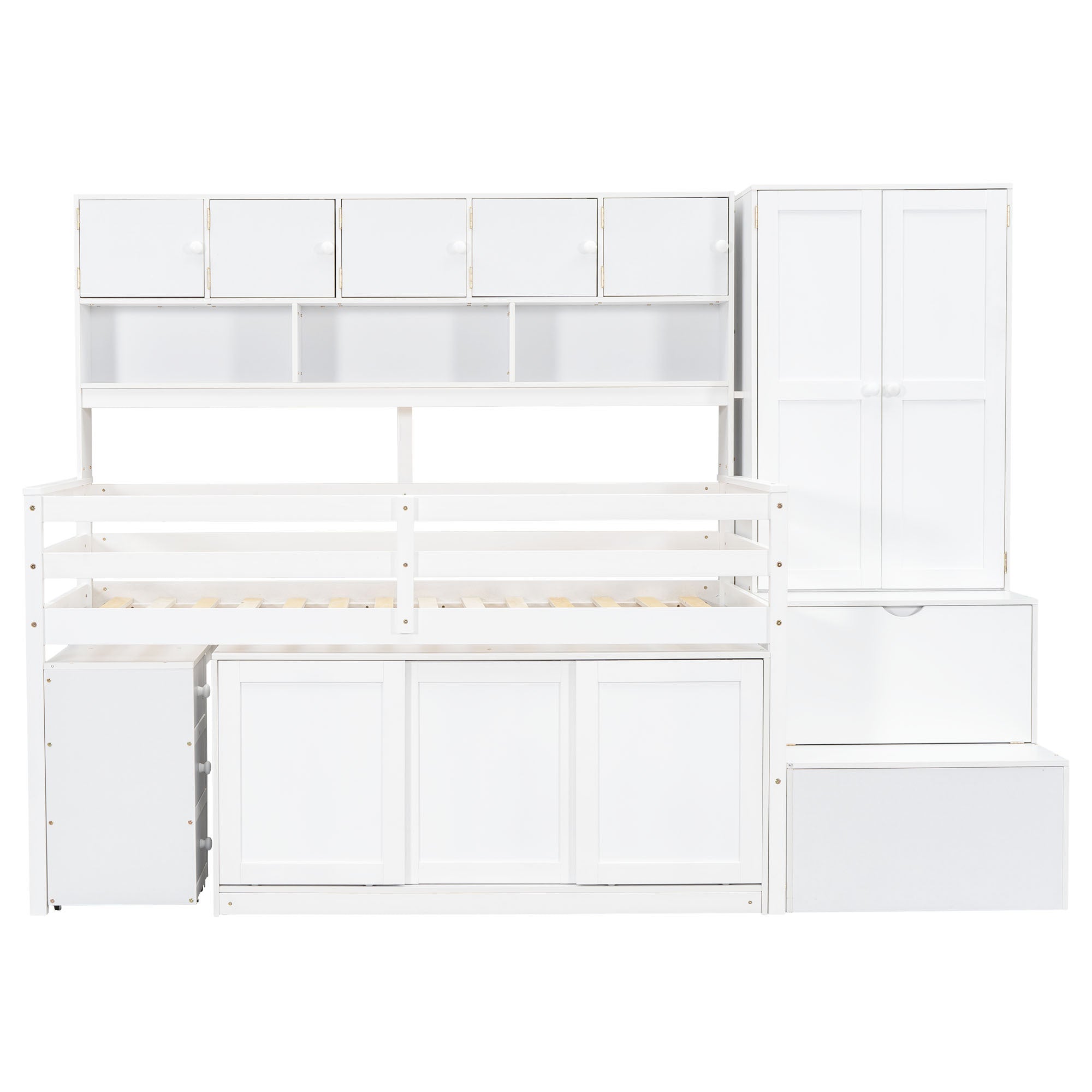 Twin Size Wooden Loft Bed Big Storage with Under-bed Desk, with Drawers, with Shelves, White