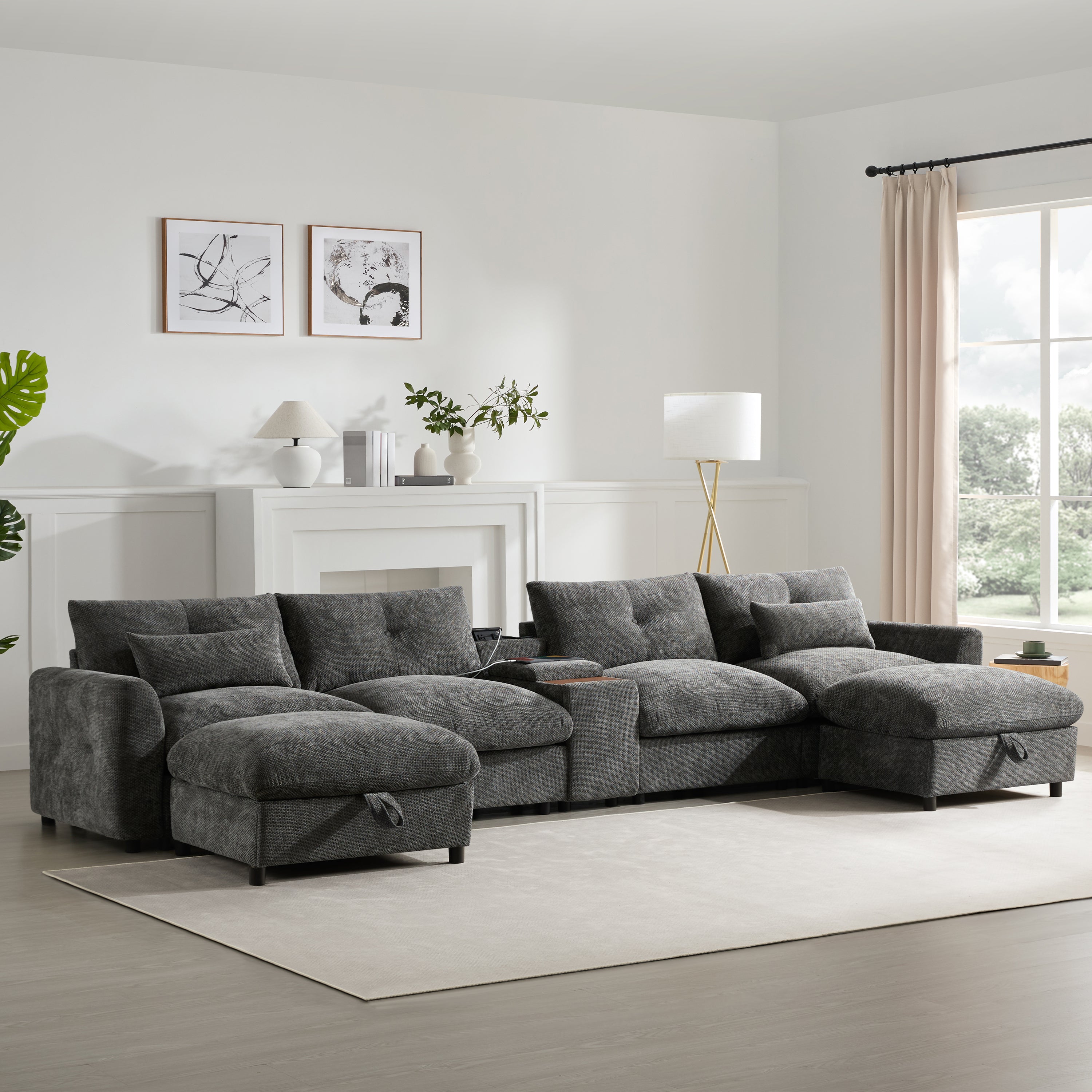 142'' Modular Sectional Sofa with Movable Storage Ottoman and Console,Cup Holder,Wide Seat,6 Seat U Shaped Couch,Oversized Chenille Sofa with USB Charger for Living Room,Apartment,2 Colors