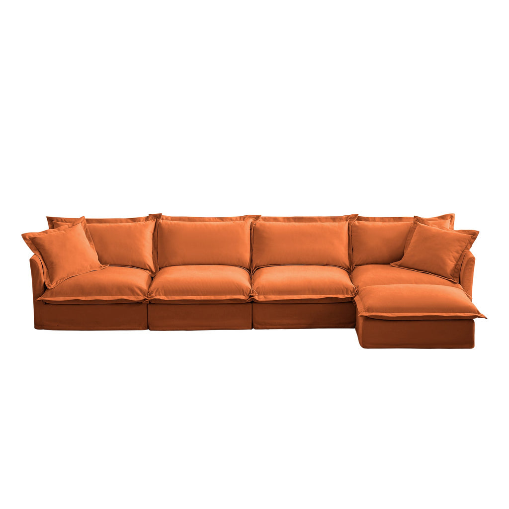 Slipcovered L Shape Sectional Long Sofa Couch, 4 Seater Sofa with Suppleness Armrests, Chenille Deep Seat Sofa with 2 Big Pillows, Comfy Couch for Living Room, Apartment, Chenille Fabric, Orange