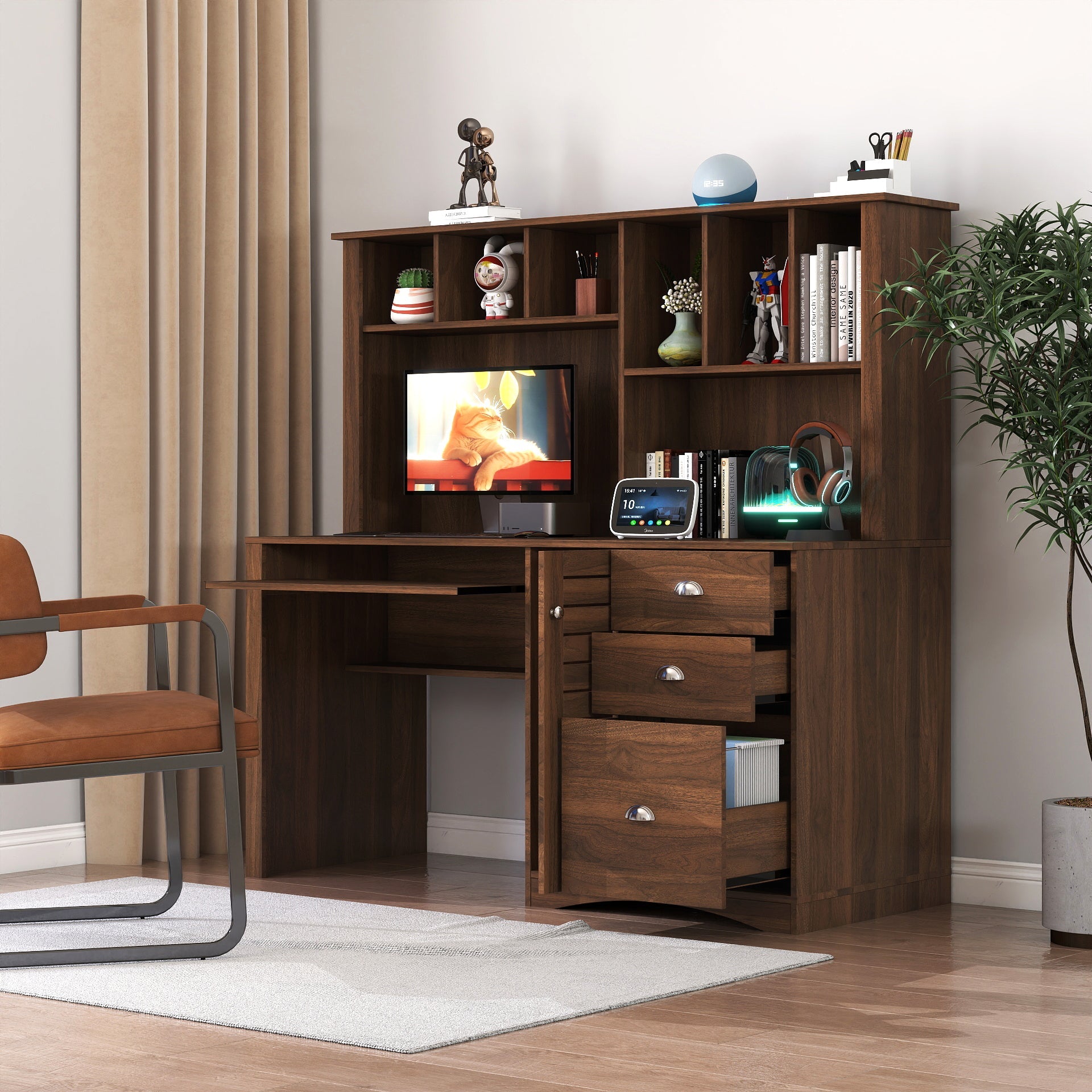 Home Office Computer Desk with Hutch, Antiqued White finish