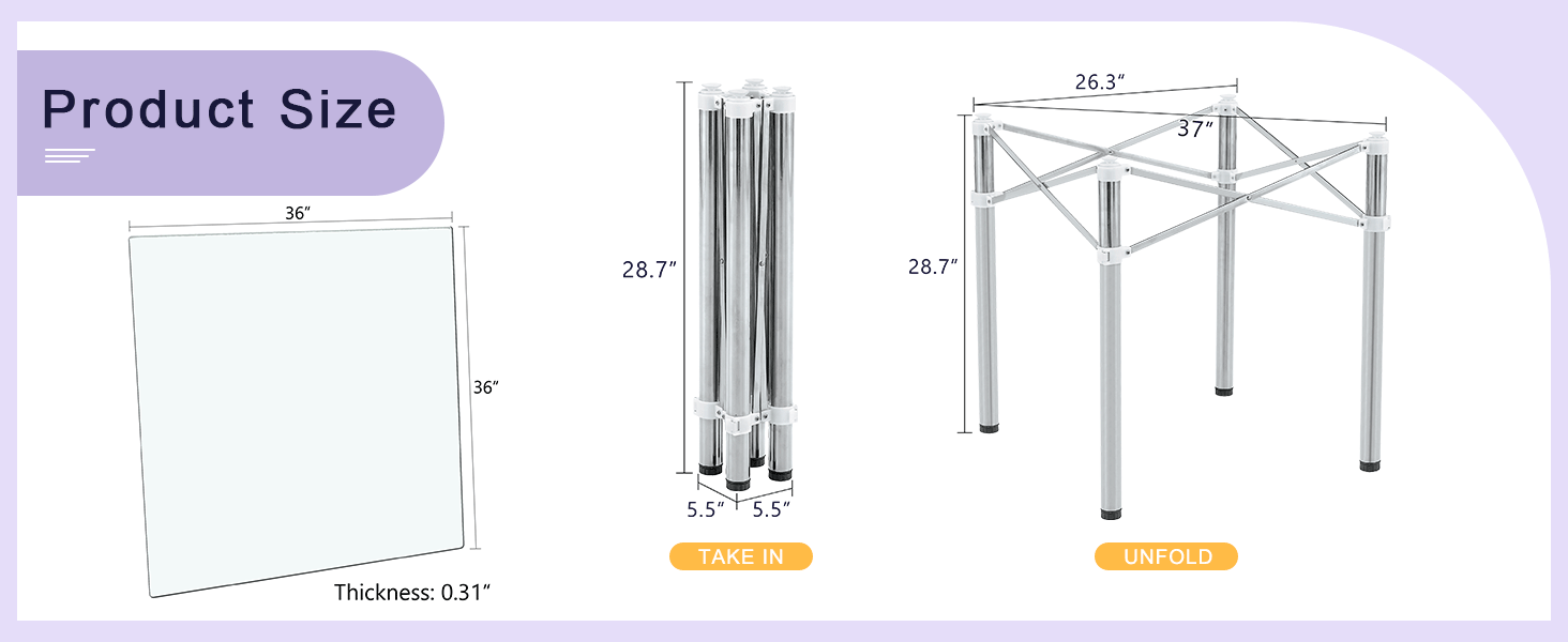 Elegant Expandable Square Glass Table - 36' Clear Tempered Glass, Silver Metal Legs.Telescopic metal legs, transparent square glass tabletop, suction cup attachment connection.