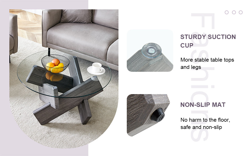 Round glass coffee table, 33.4" modern design unique coffee table. Tempered glass top with grey patterned MDF legs. Suitable for living and dining rooms