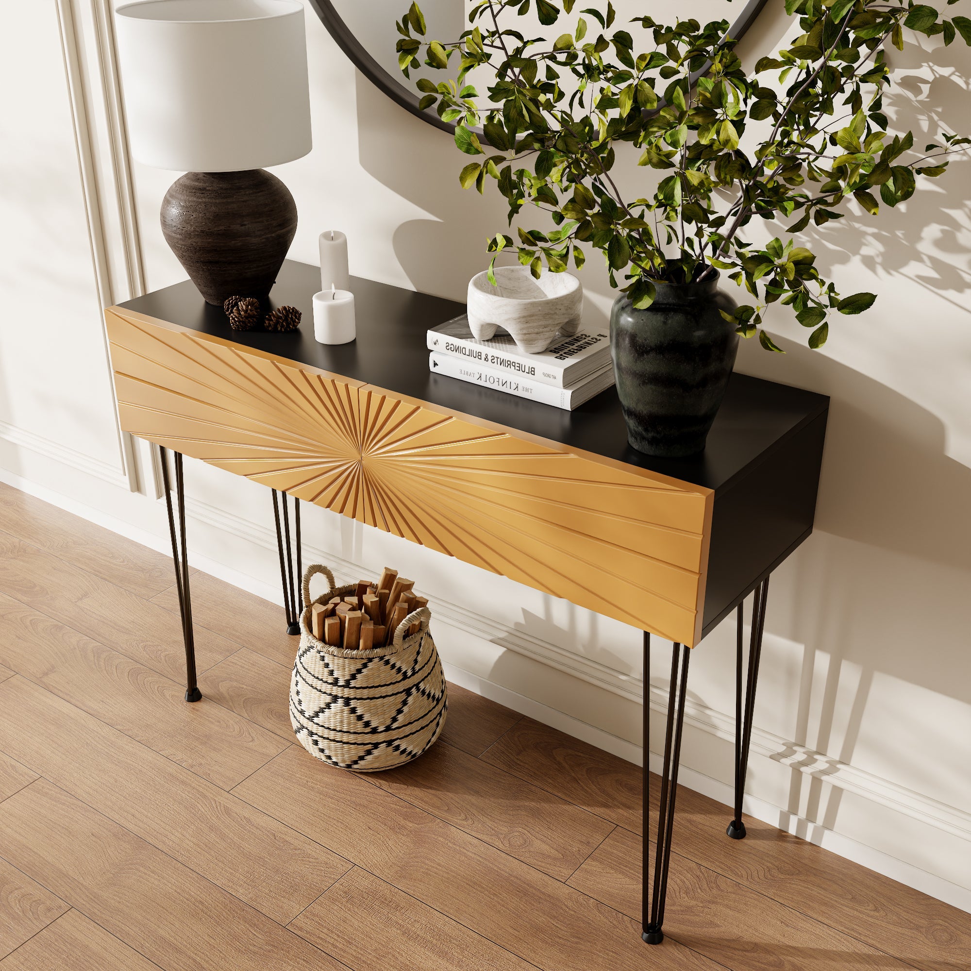 Mordern Farmhouse Wood 39.4' Console Table -  Black & Gold with 2 Drawers and Storage for Entryway