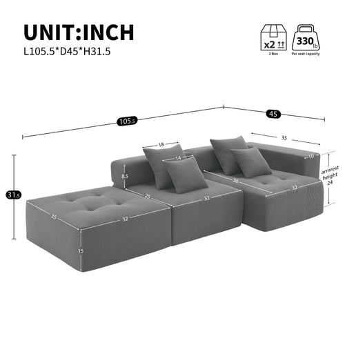 105.5''L Shaped Modular Sectional Sofa,Wide and Deep Seat,Minimalist Wrinkle-resistant Corduroy Couch,Full Compressed Cloud Couch for Living Room,3 PC Free Combination,No Assembly Required,3 Colors