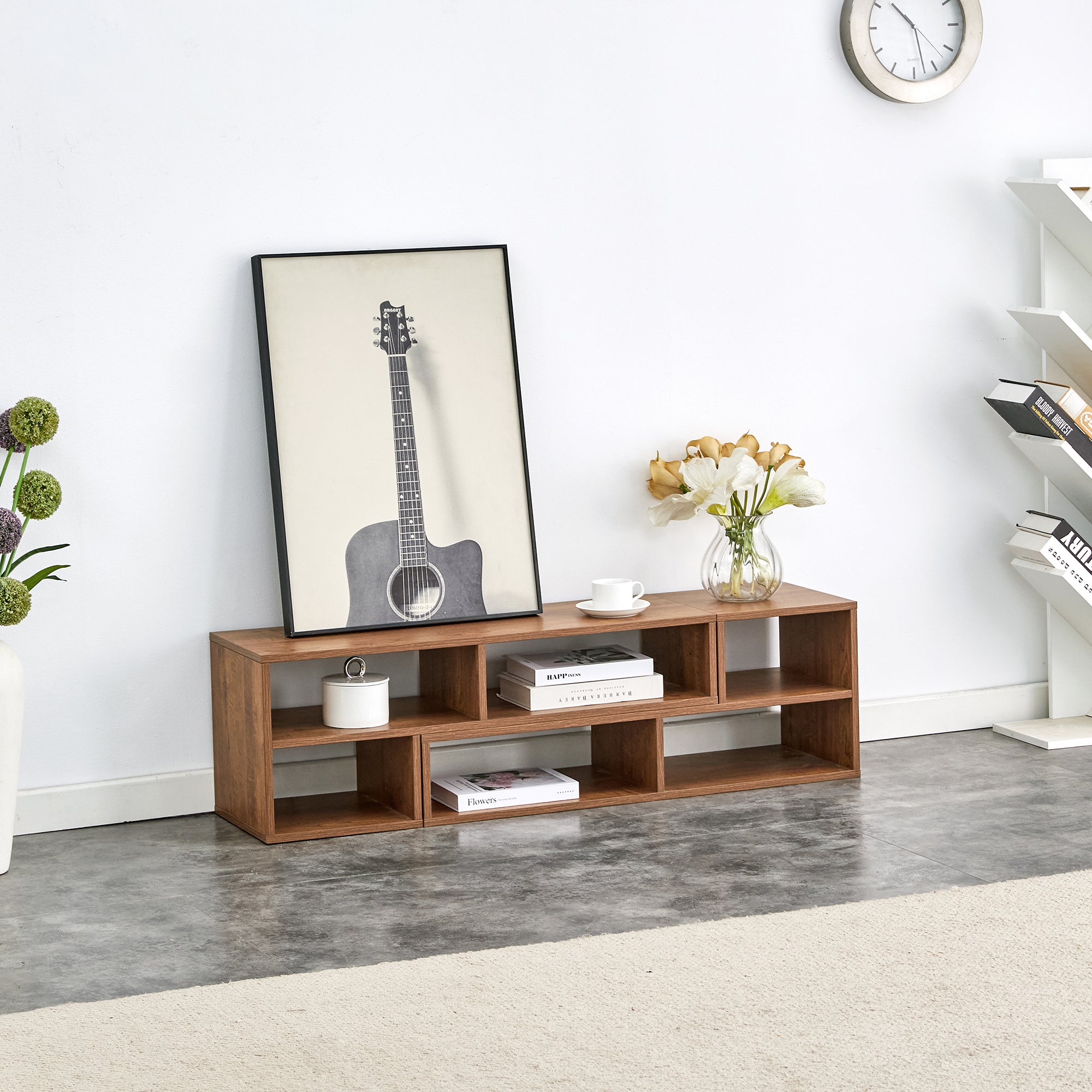 Modern 2-Piece Cube TV Stand with Open Storage, L-Shaped Design, Walnut MDF, 47.2' x 12' x 13.4'