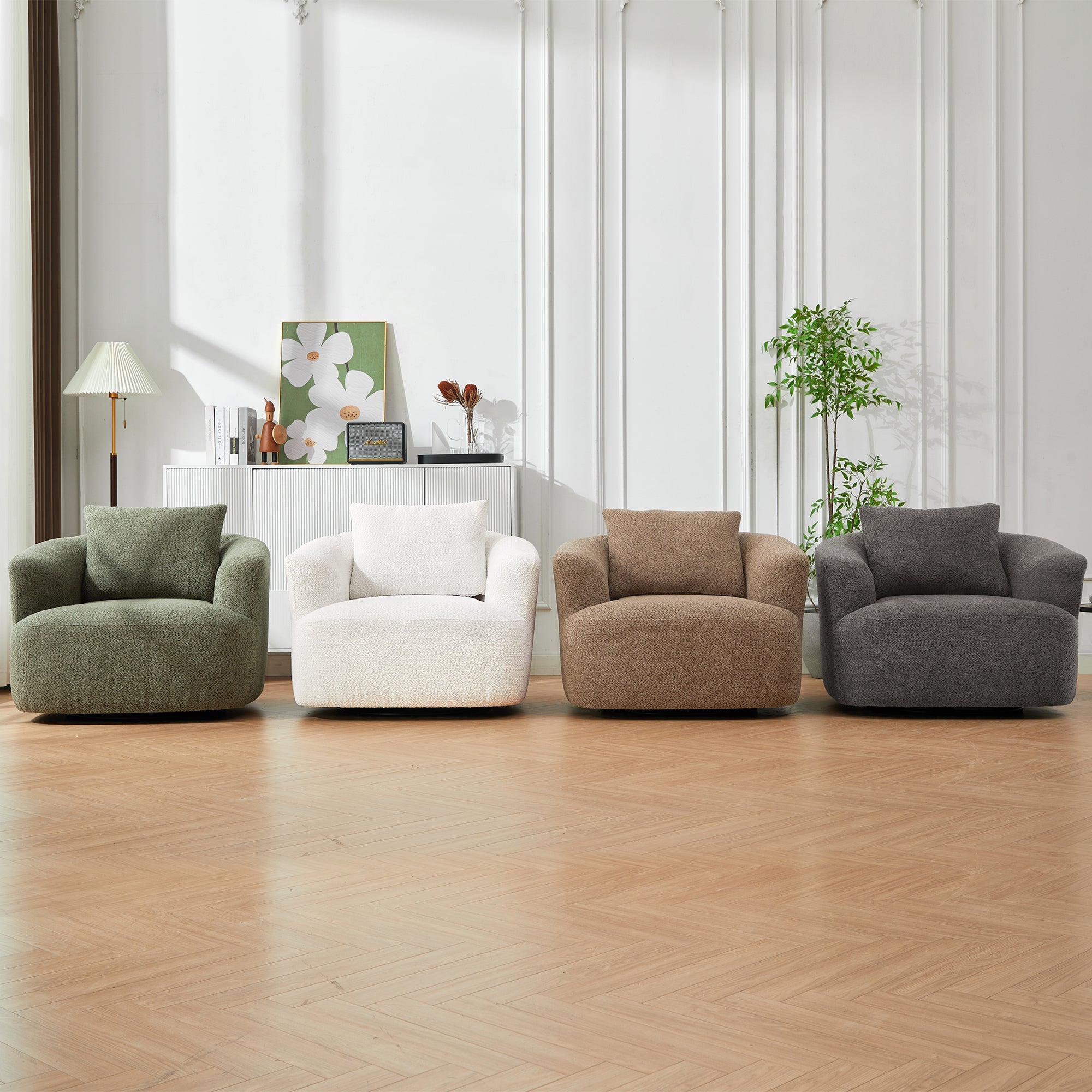 360° Swivel Barrel Sofa Chair with Throw Pillow, Chenille Upholstered Accent Chair, Beige, 38.2'