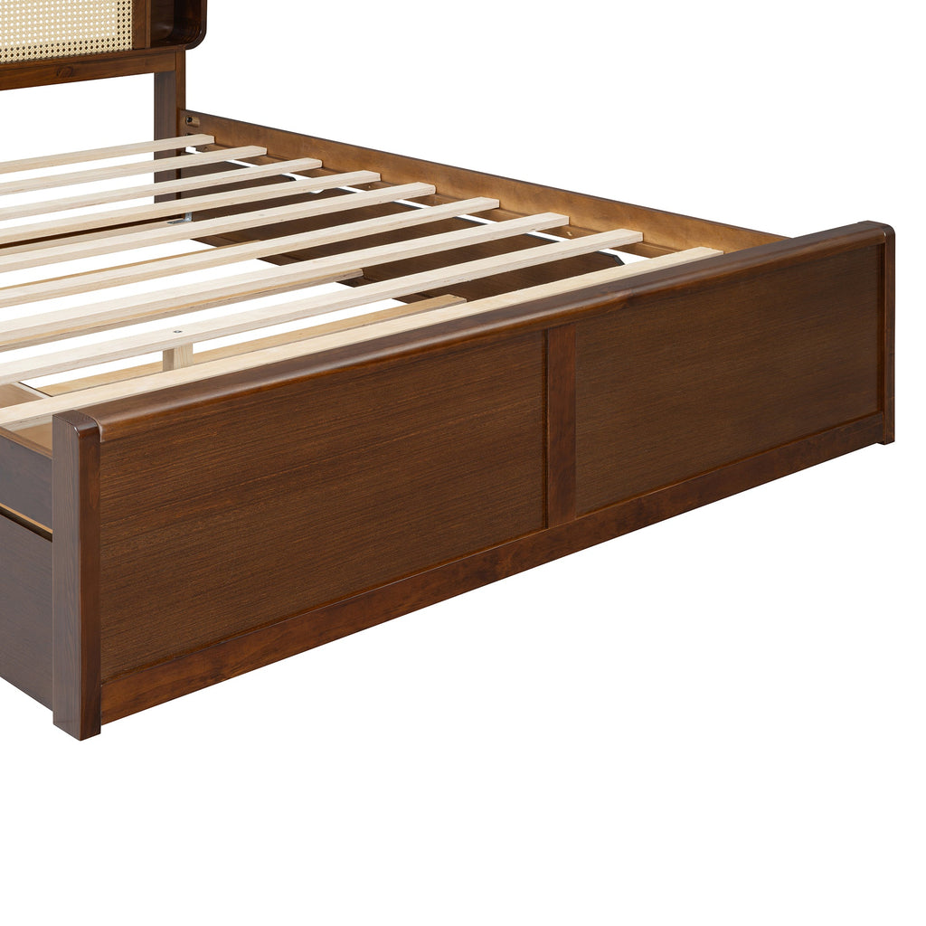 Queen Size Rattan Headboard Bed with Two Drawers and Trundle, Walnut