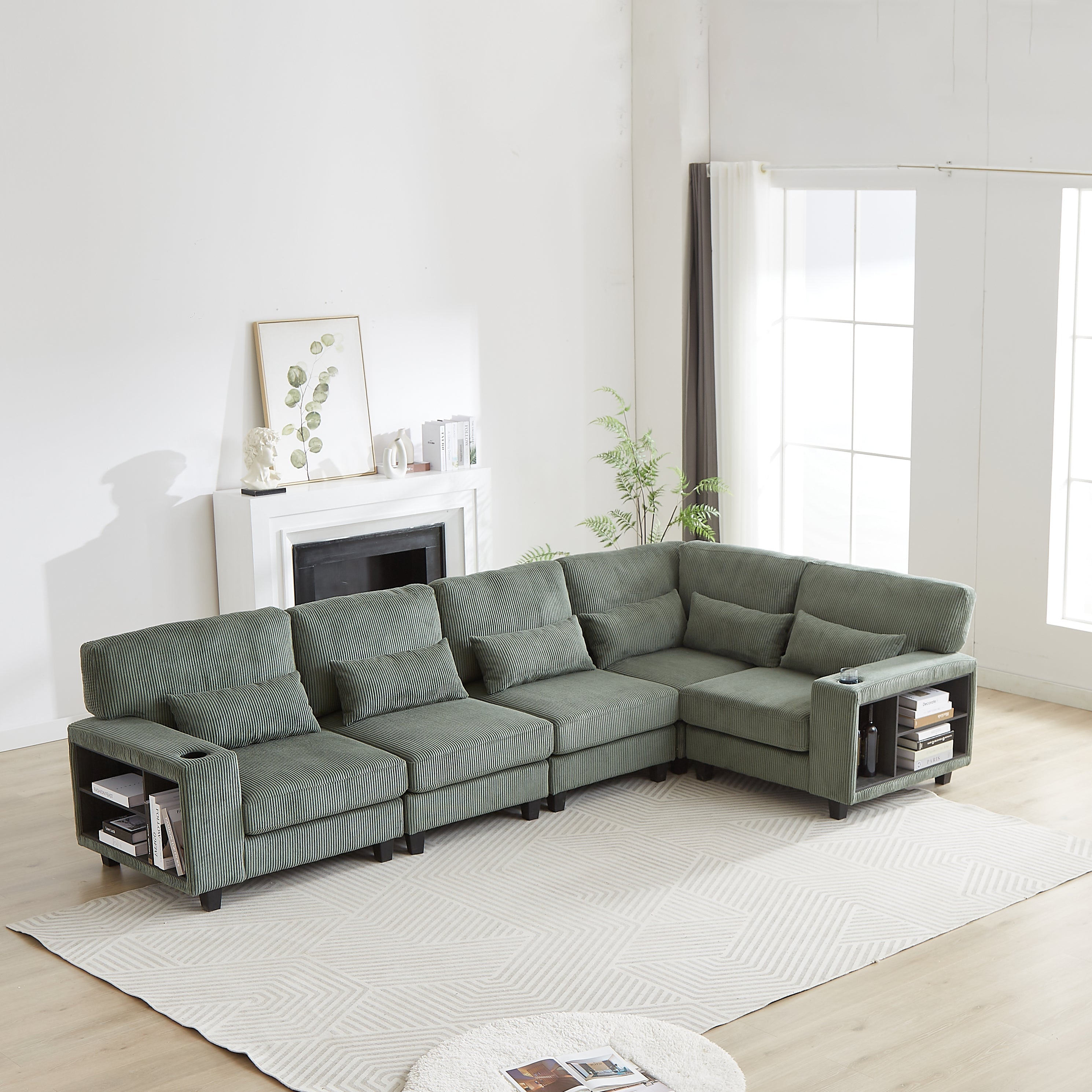 102.75*102.75' L-Shaped Modular Sectional Sofa, Modern Corduroy Sectional Sofa, Arm with Storage With Cup Holder 5-Seat Convertible Sectional Sofa for Living Room, Bedroom, Lounge and Projection Room