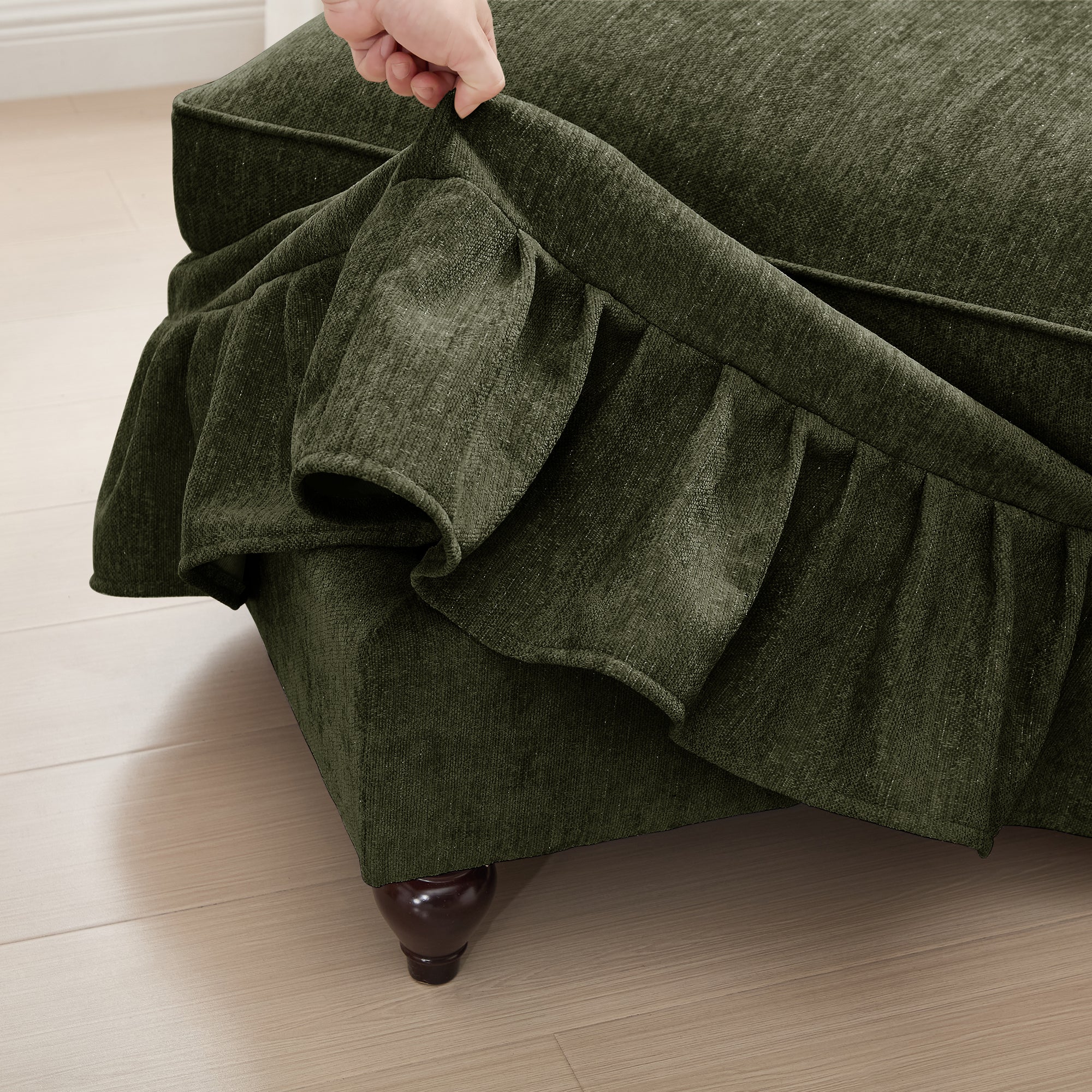 Elegant Mid Century Large 3 Seater Sofa Couch with Flared Arms and Removable Ruffles Pleats Skirts and Spindle Legs, Comfy Chenille Three-Seat Sofa for Living Room, Green
