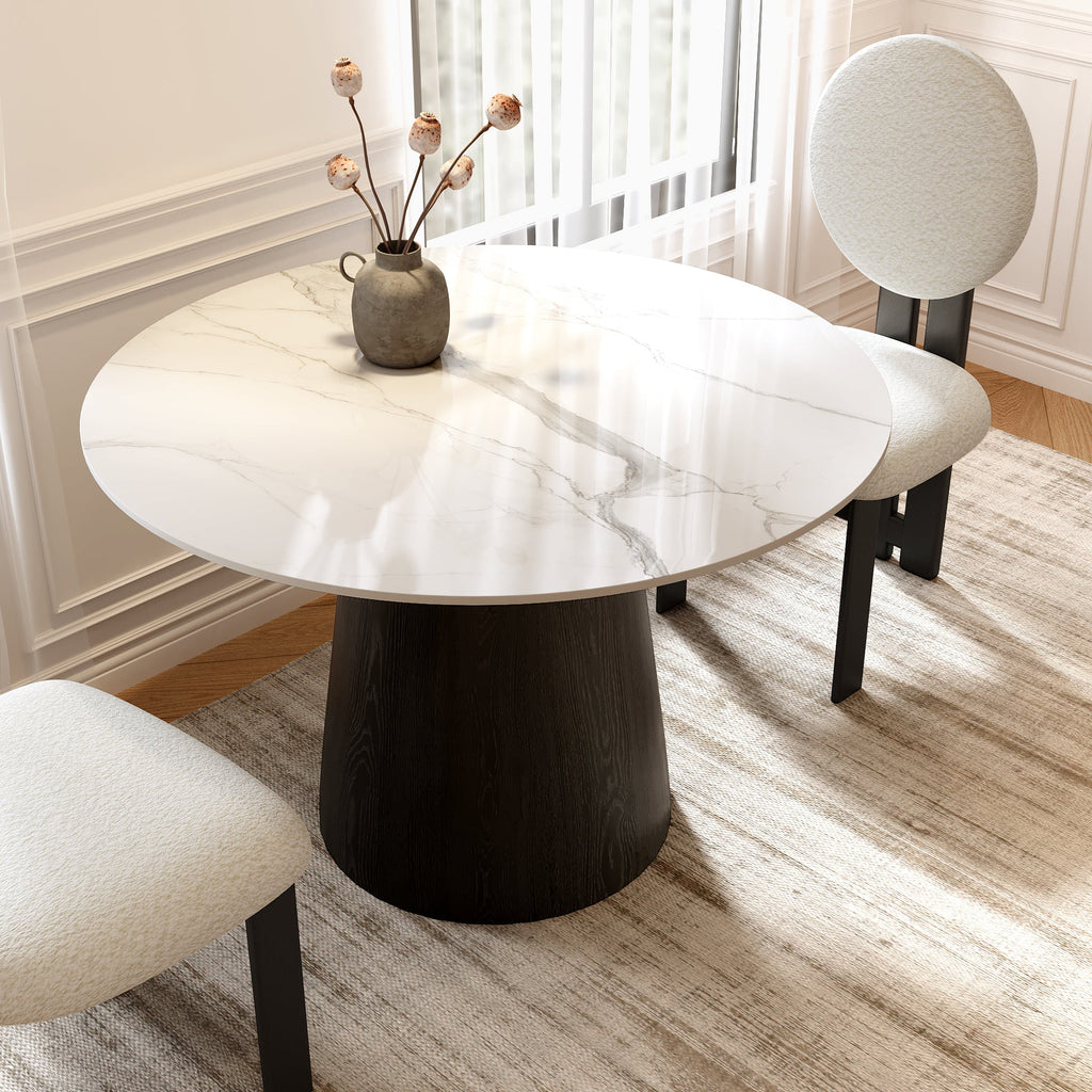 Small Round Modern Dining Table 43' Kitchen Table With Black Pedestal For 5 Person - White Grey