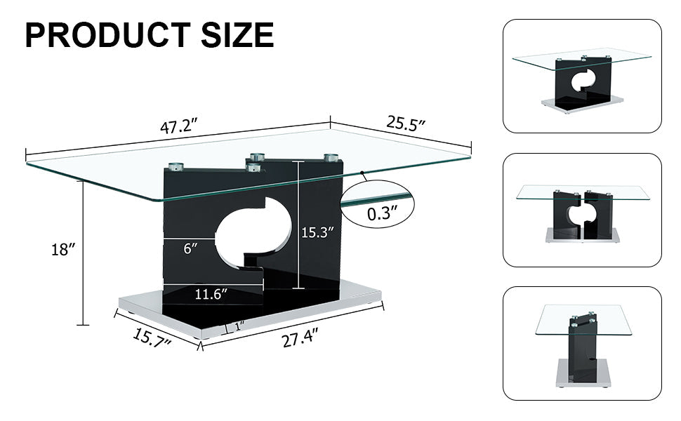 A rectangular modern and fashionable coffee table with tempered glass tabletop and black MDF legs. Suitable for living room.47.2"*25.5"*18"