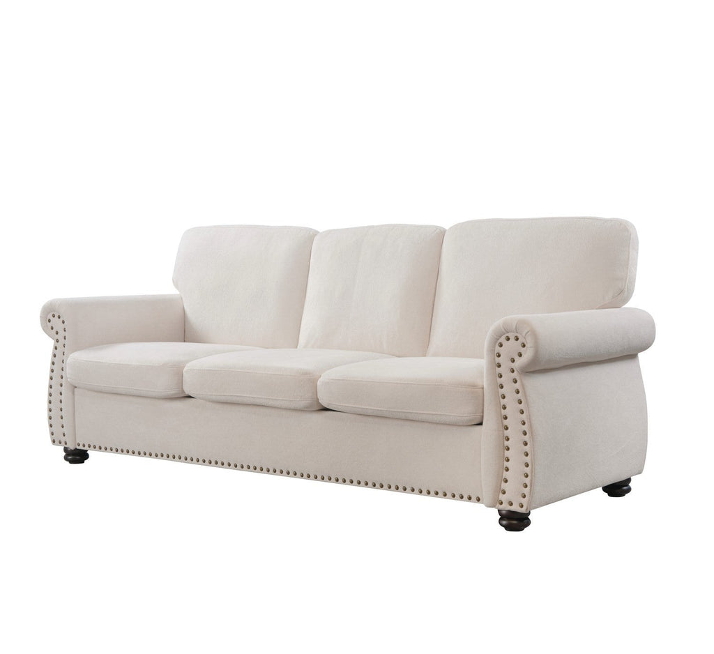 Soft Velvet Sofa, Upholstered 3 Seater Couch with High-Density Foam, Loose Back Cushions and Solid Wood Turned Legs, Chic Living Room Furniture for Home, Apartment and Office, Ivory