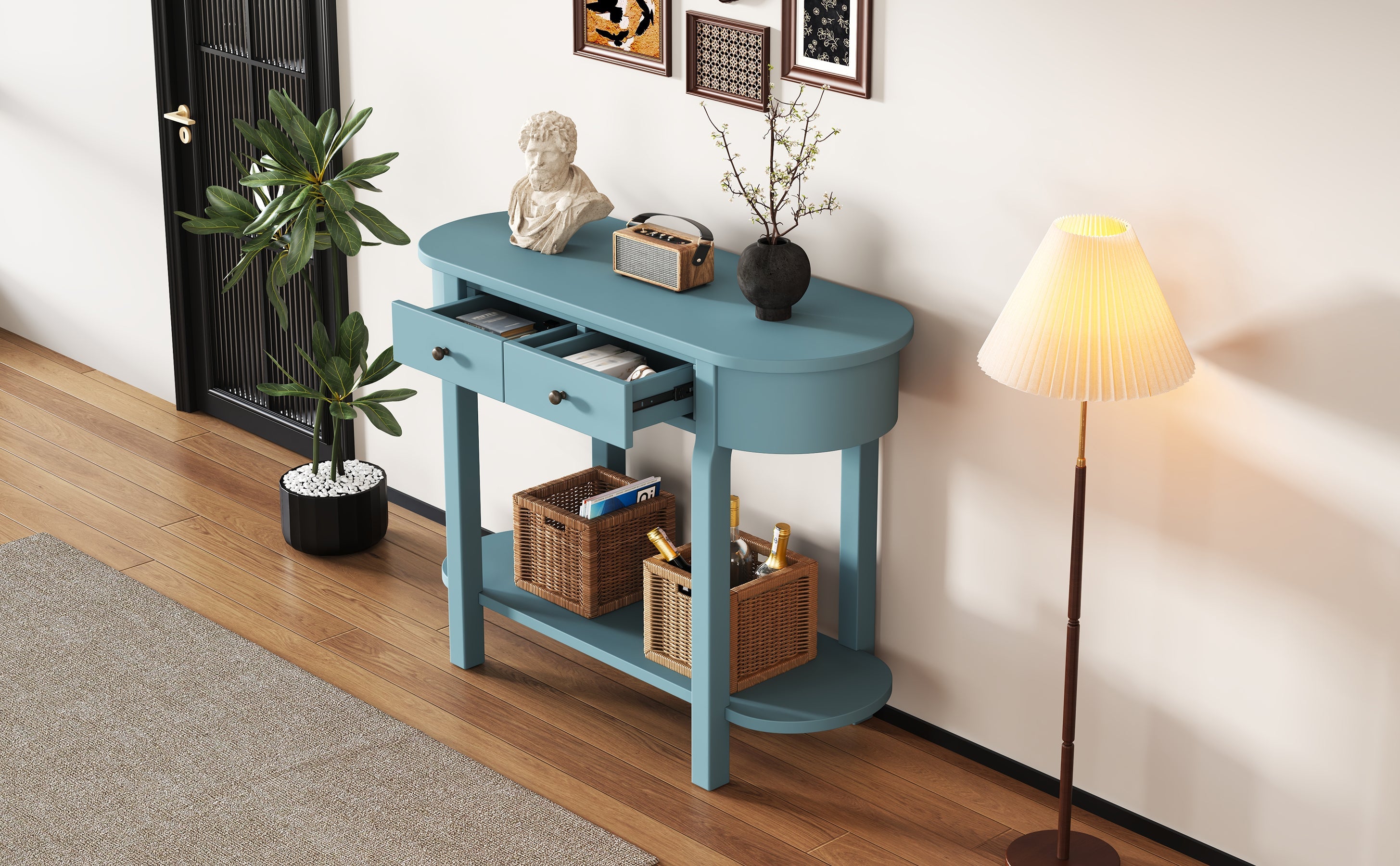 TREXM Elegant Retro Console Table with Curved Design and Smooth Glaze for Entryways, Living Rooms and hallways (Turquoise Green)