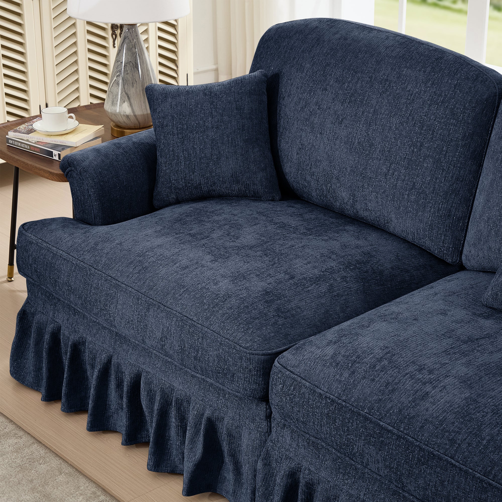 Classic 2 Piece Modular Couch Living Room Sofa Set with Flared Arms and Removable Ruffles Pleats Skirts and Spindle Legs, 3 Seater Sofa + 2-Seat Loveseat Sofa Sets for Living Room, Blue