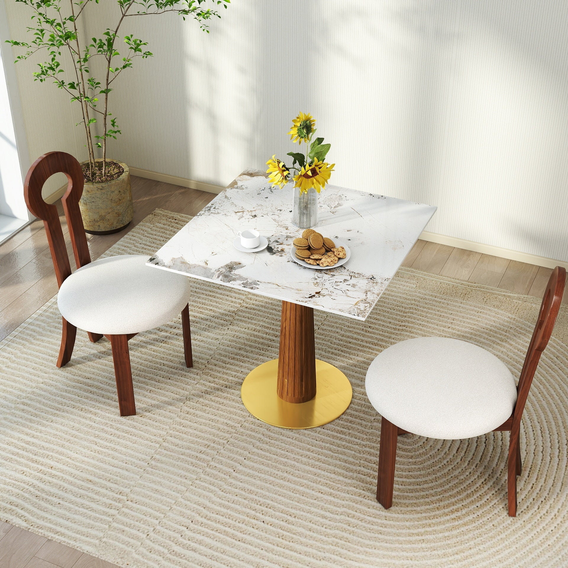 Modern Square Dining Table, 33.5' Sintered Stone Table with Wooden Leg & Gold Base, 2 - Person Kitchen Table for Small Space, 150lbs Weight Capacity(Only the Negotiation Table)