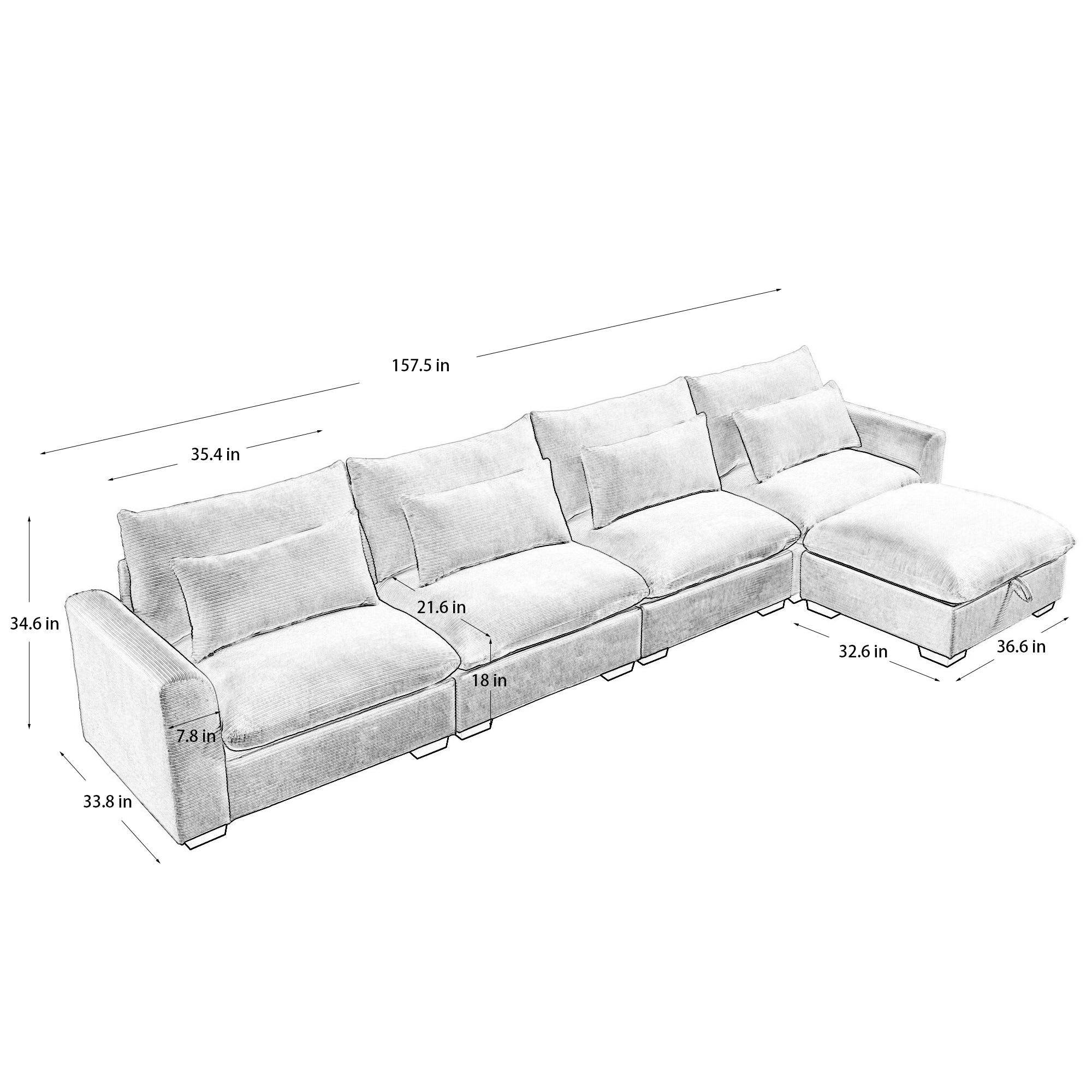 Large L Shape Sectional Corduroy Sofa,Deep Seat Couch with Storage Footstool and 4 Waist Pillows, Brown