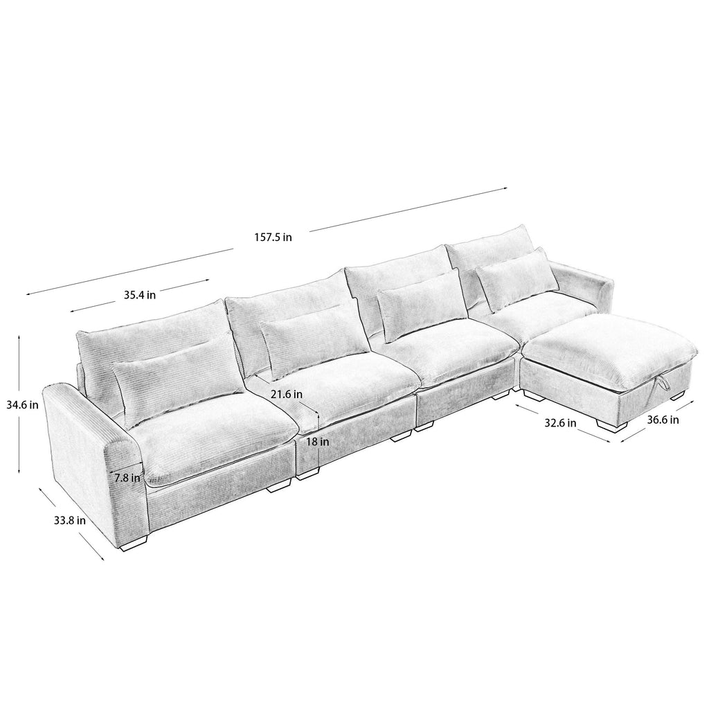 Large L Shape Sectional Corduroy Sofa,Deep Seat Couch with Storage Footstool and 4 Waist Pillows, Green
