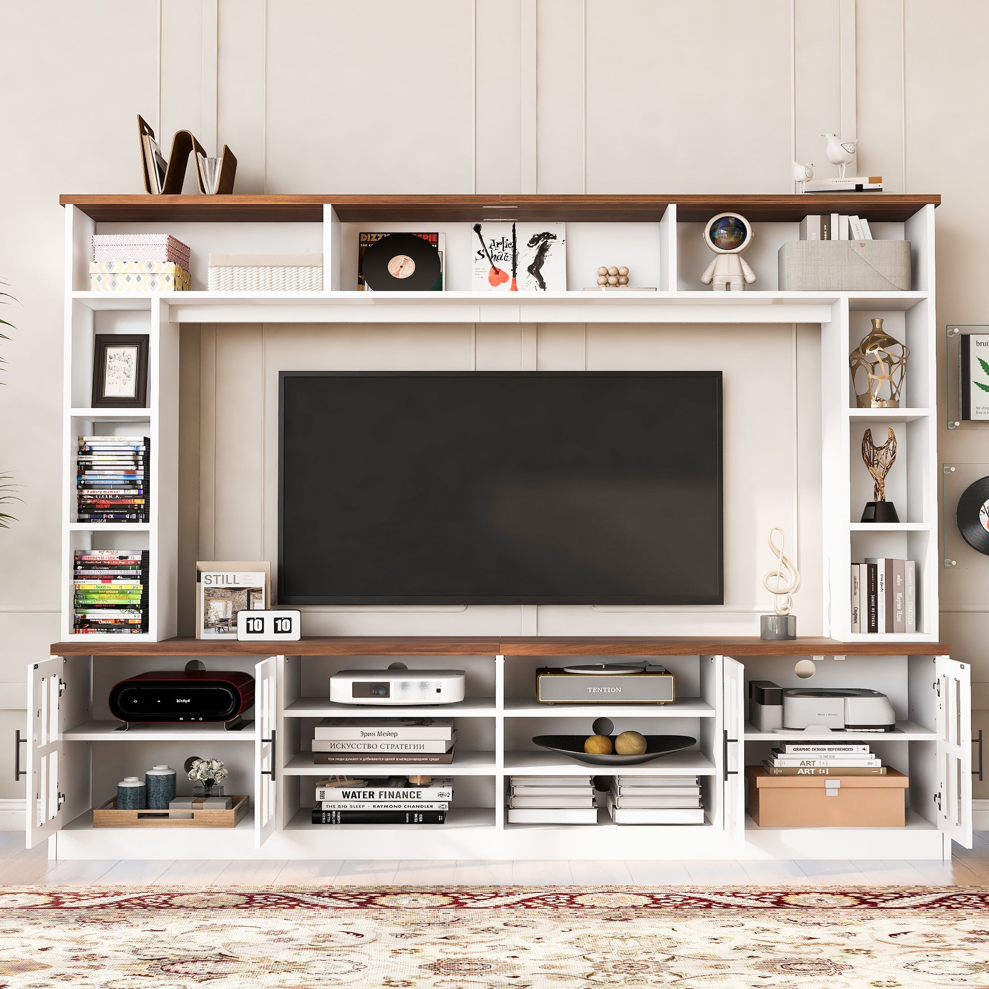 U-Can 95.5' W Wall Unit Entertainment Center with Bookshelves for TVs up to 80', Modern TV Stand Media Console with Cabinets, Tempered Glass Doors and Adjustable Shelves for Living Room
