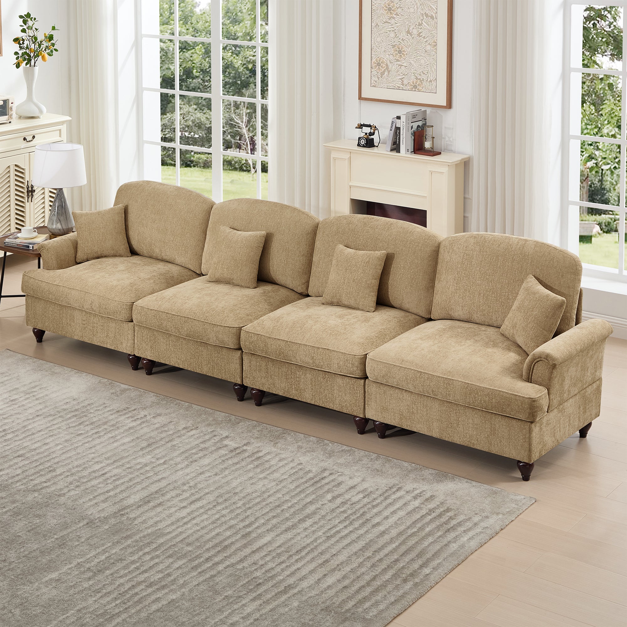 Elegant Mid Century Large 4 Seater Sofa Couch with Flared Arms and Removable Ruffles Pleats Skirts and Spindle Legs, Comfy Chenille Four-Seat Sofa for Living Room, Light Coffee