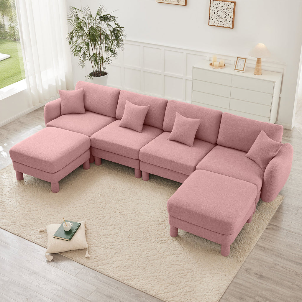 Boucle Fabric U Shape Sectional 4-seater Sofa Couch With Distinctive Shell-shaped Armrests And 2 Movable Ottomans,Cylindrical Legs Wrapped with Self-fabric,Pink Color