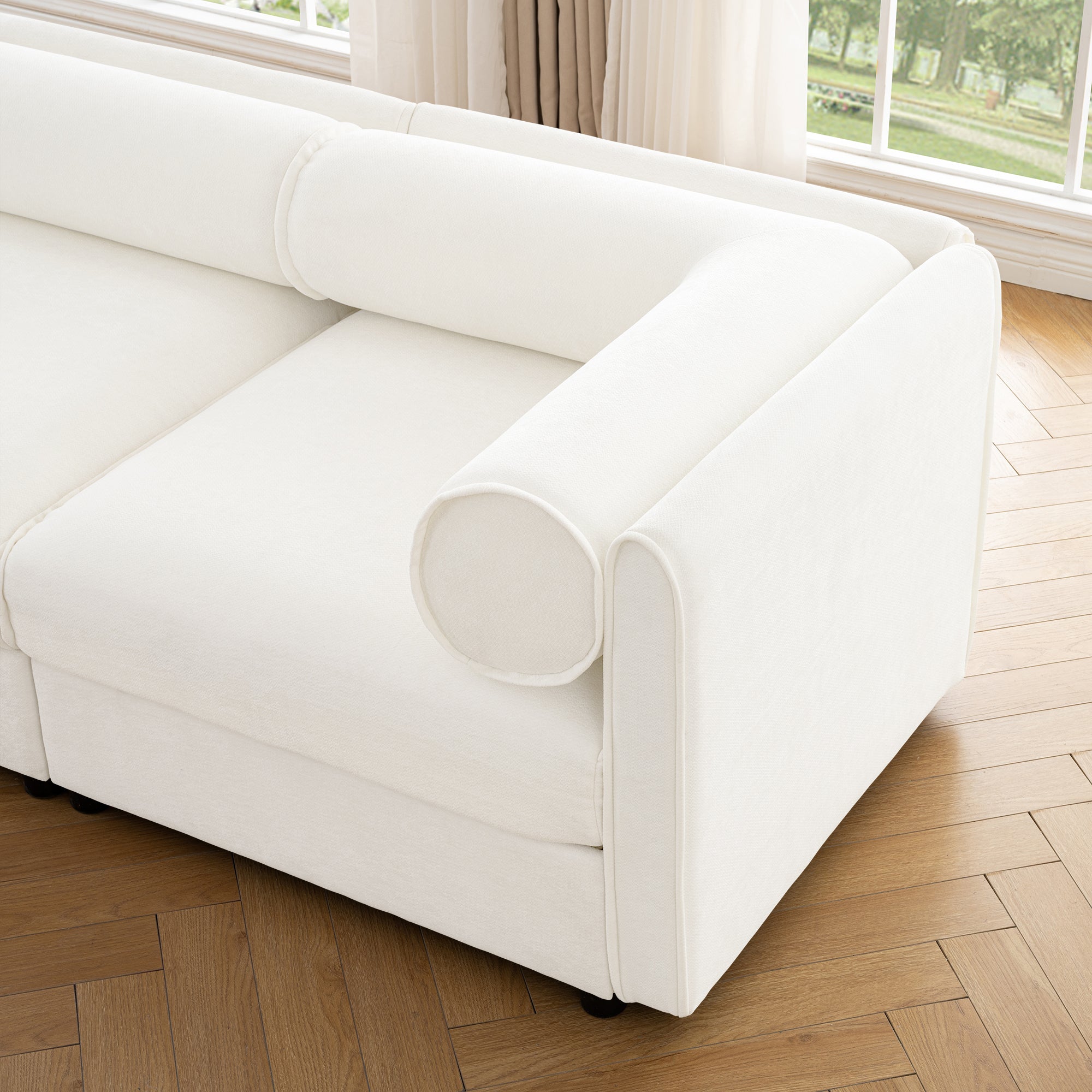 Elegant White Chenille  Sofa with Storage Seat and Ottoman, L-Shaped 3-Seater Cylindrical Backrest and Armrests, Contemporary 3-Seater Fabric Couch with Hidden Storage Compartment