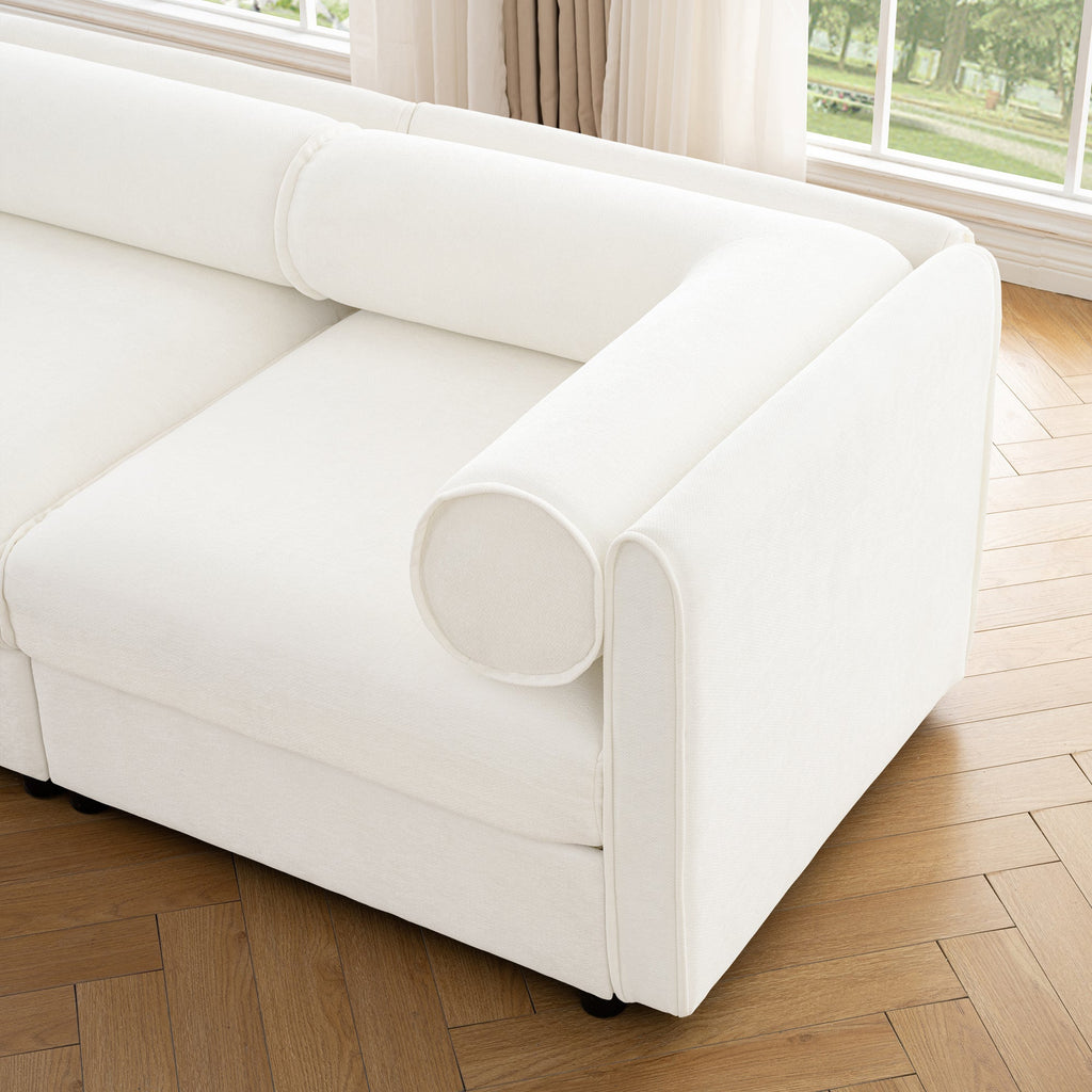 Modular Sectional Sofa with Storage, Cylindrical Backrest and Armrests Deep Comfortable Seating,Durable and Supportive for Living Room,4 Seat L- Shaped Sofa, White