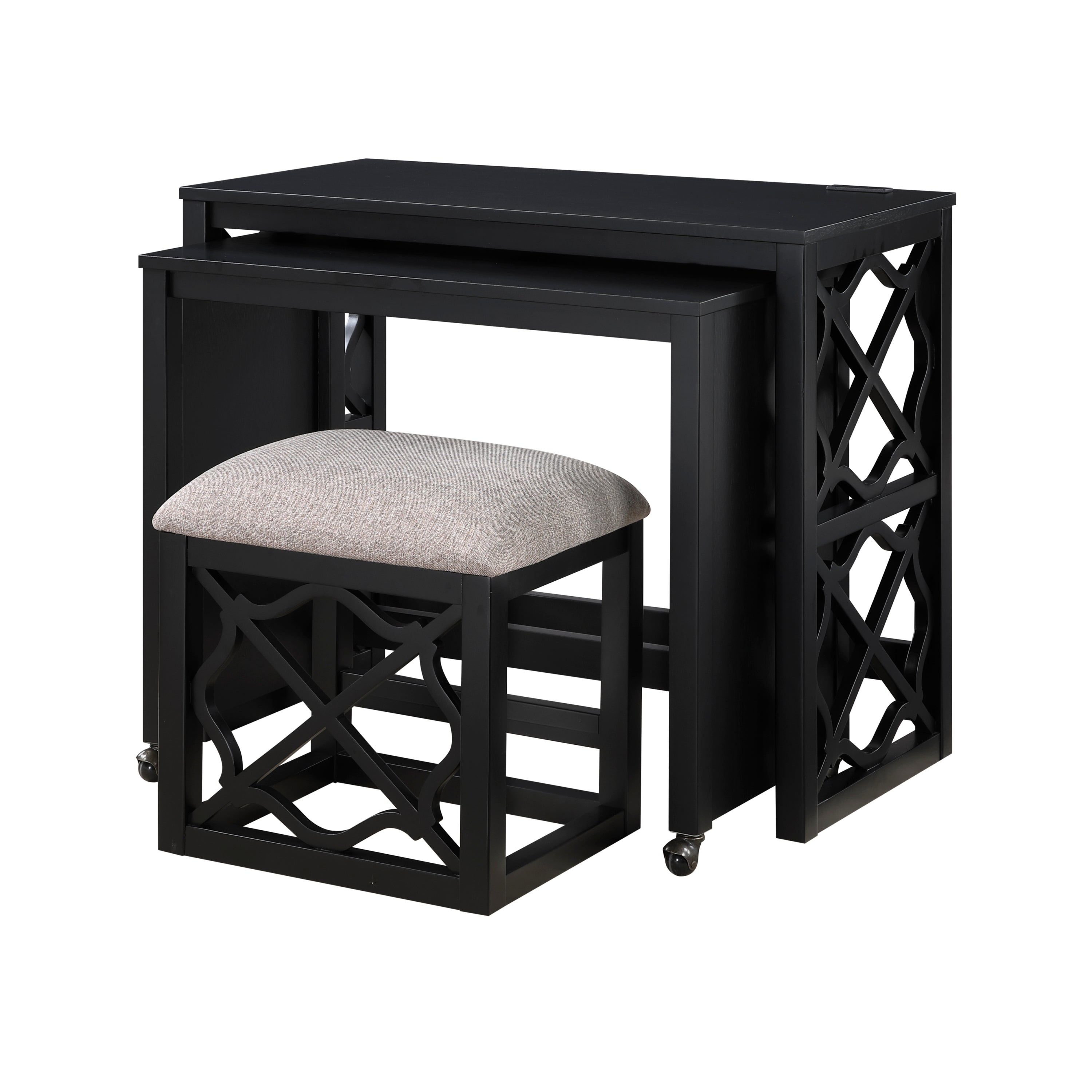 Desks and Stool Set 3pc Black Finish Rolling Desk with Casters, 2 Charging ports Home Office Furniture